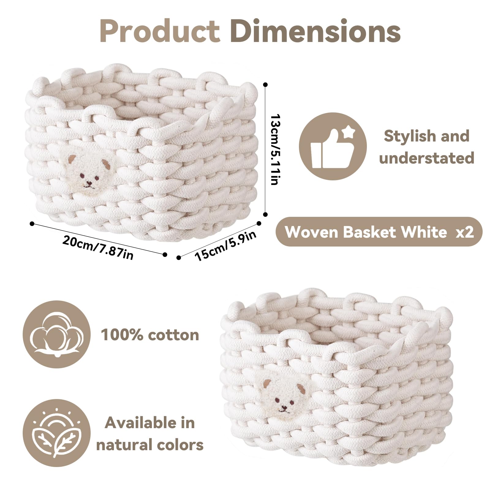 2 Pièces Paniers de Rangement en Corde de Coton, Panier de Rangement à Langer Empilables, Petit Panier Tressé Carré Organisateur Bébé, pour Chambre de Bébé Bain Salon, Blanc