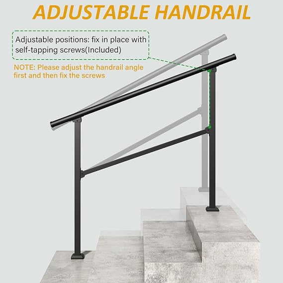 ROOMTEC 2 Pack 4 Step Handrails for Outdoor Steps, Safety Outdoor Hand Rails for Exterior Steps, Black Wrought Iron Stair Railing Kit (3-4 Steps Handrail)