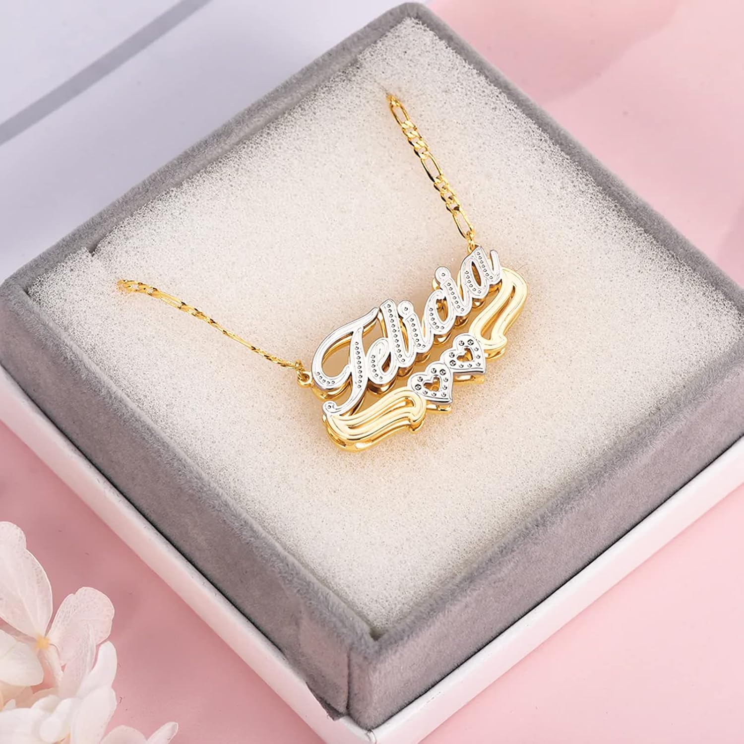 Name Necklace Double Plated Nameplate Two Tone Gold and Silver Heart Custom Necklaces Personalized Double Layered Design Letter Heart Choker Jewelry Gift for Women Lover Men - Image 4