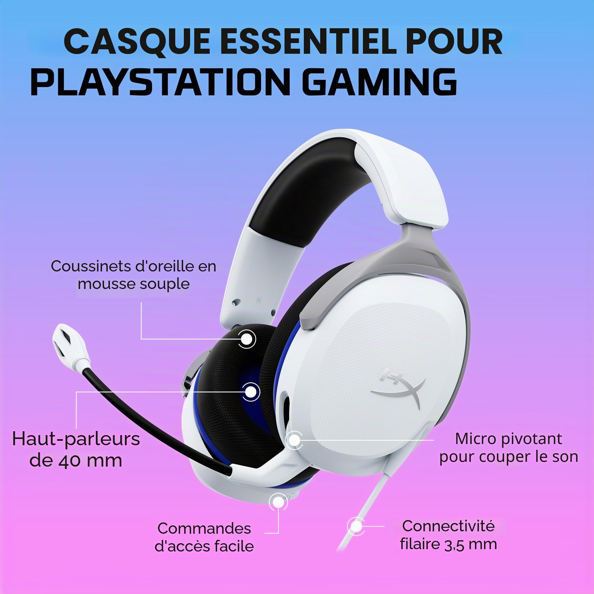 HyperX Cloud Stinger 2 Core pour PlayStation, Casque gaming filaire PS5/PS4, Haut parleurs 40 mm, Micro antibruit avec mute par pivotement, Commandes audio sur casque, Léger, Blanc