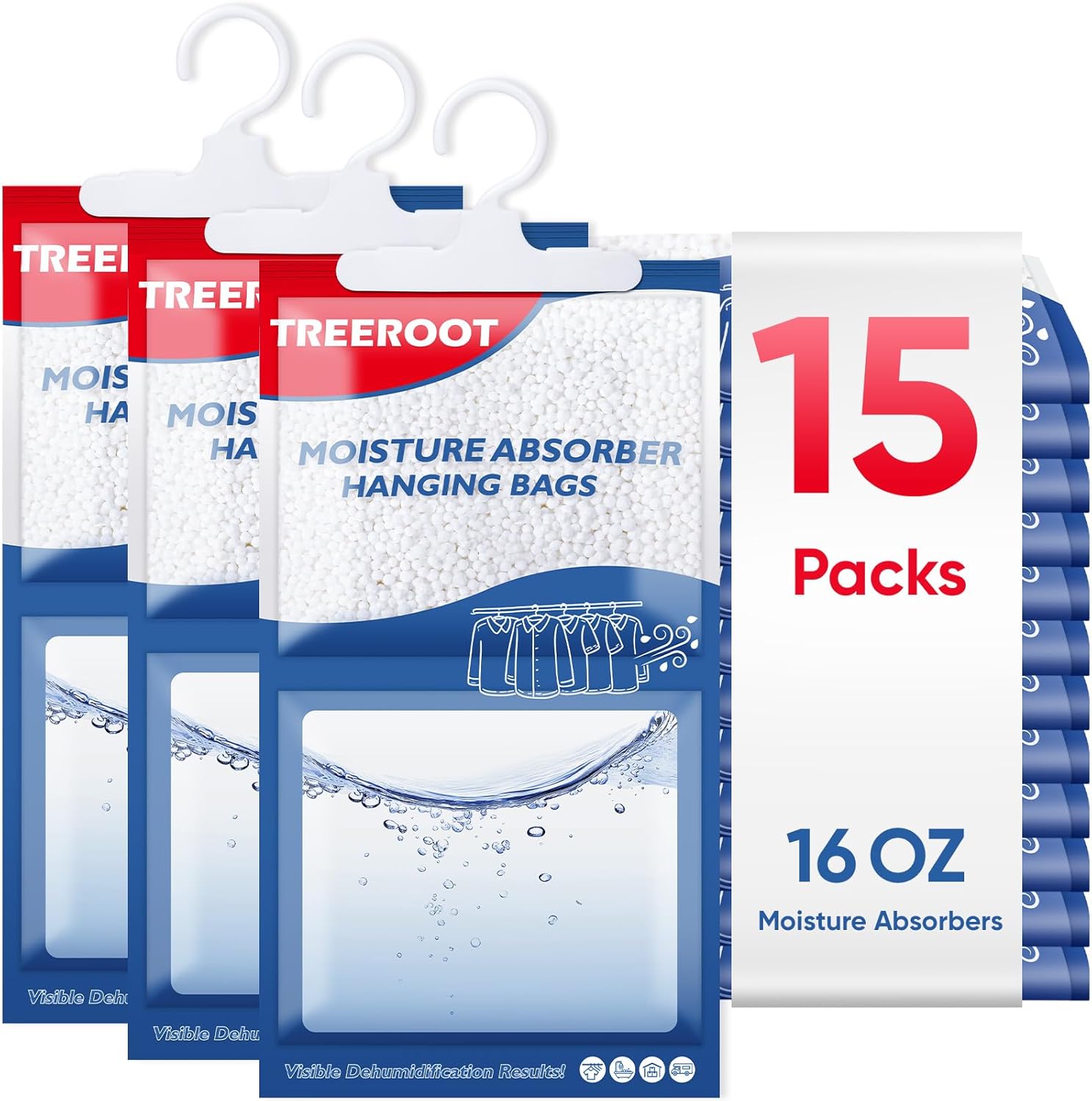 15 Pack Moisture Absorbers for Closet, 16OZ Hanging Closet Dehumidifier Bags, Hanging Humidity Absorber in Wardrobes, Kitchens and Bathrooms, Fragrance Free Portable Moisture bags