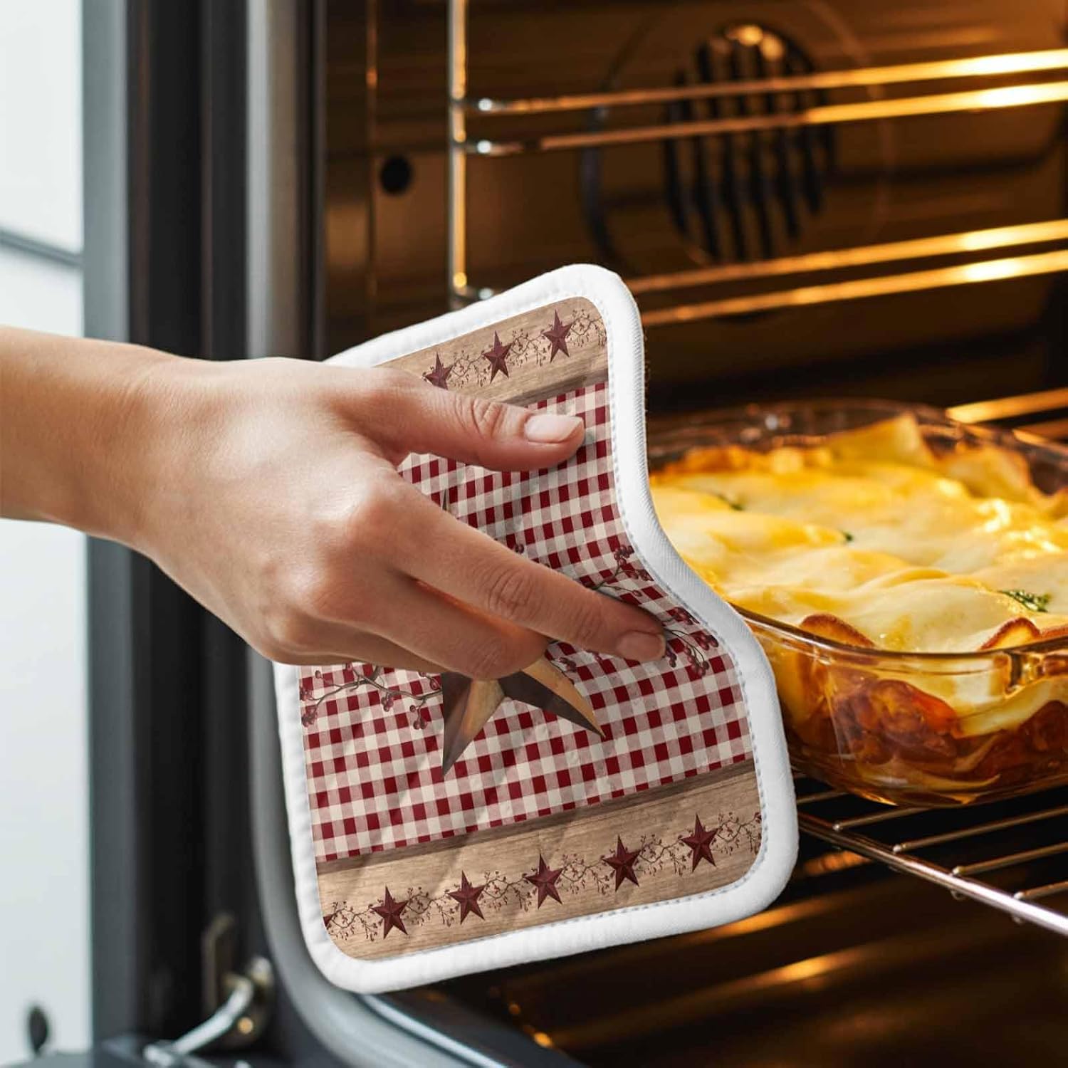 5 Pack Pot Holders for Kitchen, Vintage Texas Star Brown Hot Pads for Kitchen Countertops Oven Pot Holder Bulk, Red Plaid Berry Farmhouse Heat Insulation Potholders with Hanging Loops