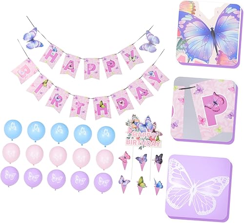 Miniatura 6 de ifundom 3 juegos de decoración de fiesta para cupcakes, decoración de pasteles, banderines de mariposas, pancarta de cumpleaños, decoraciones de