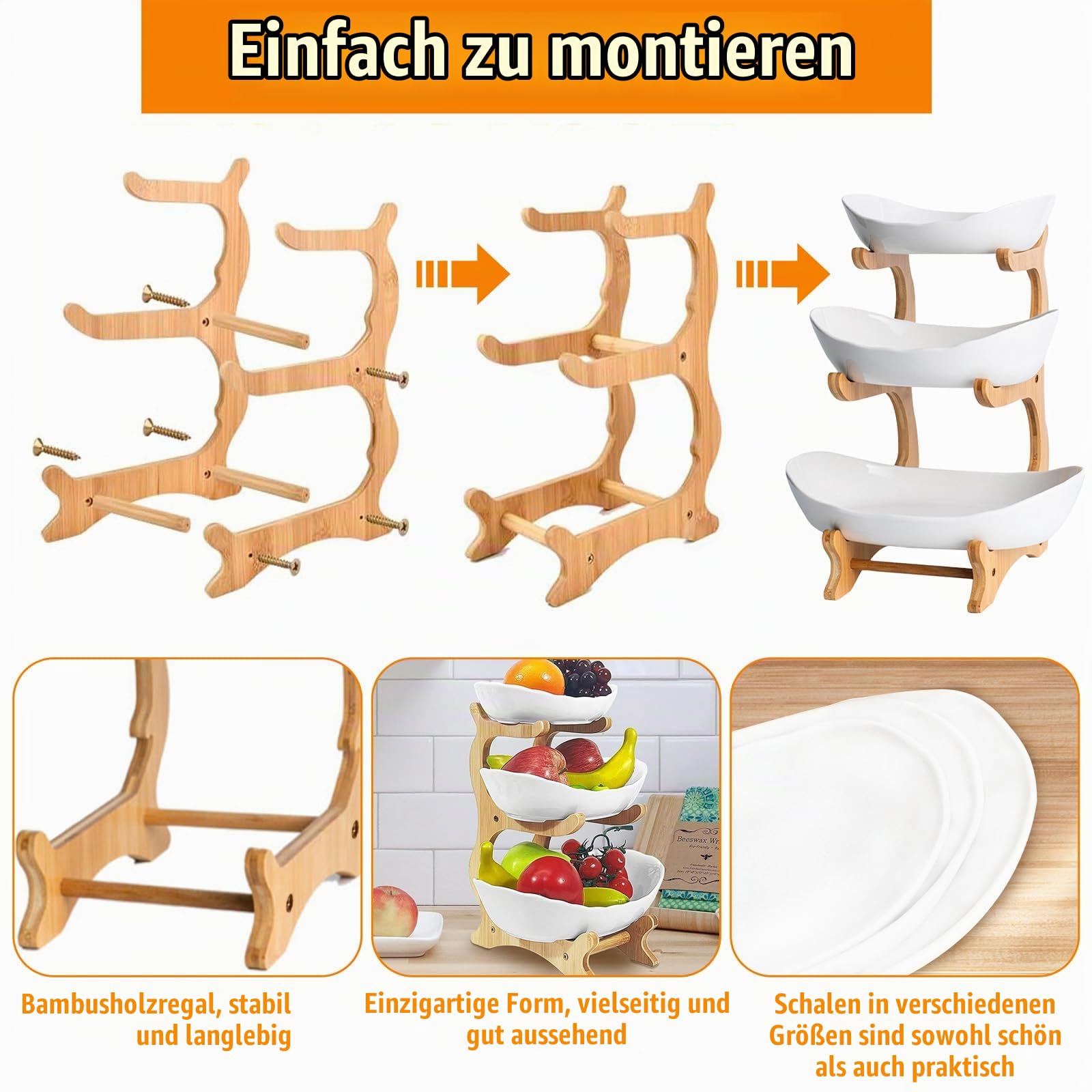 3 Etagen Keramik Obstschale mit Natürlichem Bambus Hölzernen Ständer, Modern Familie Obstkorb, Obst Aufbewahrung Etagere, Küche Servierteller für Gemüse, Desserts, Kuchen, Süßigkeiten, Snacks (Weiß)