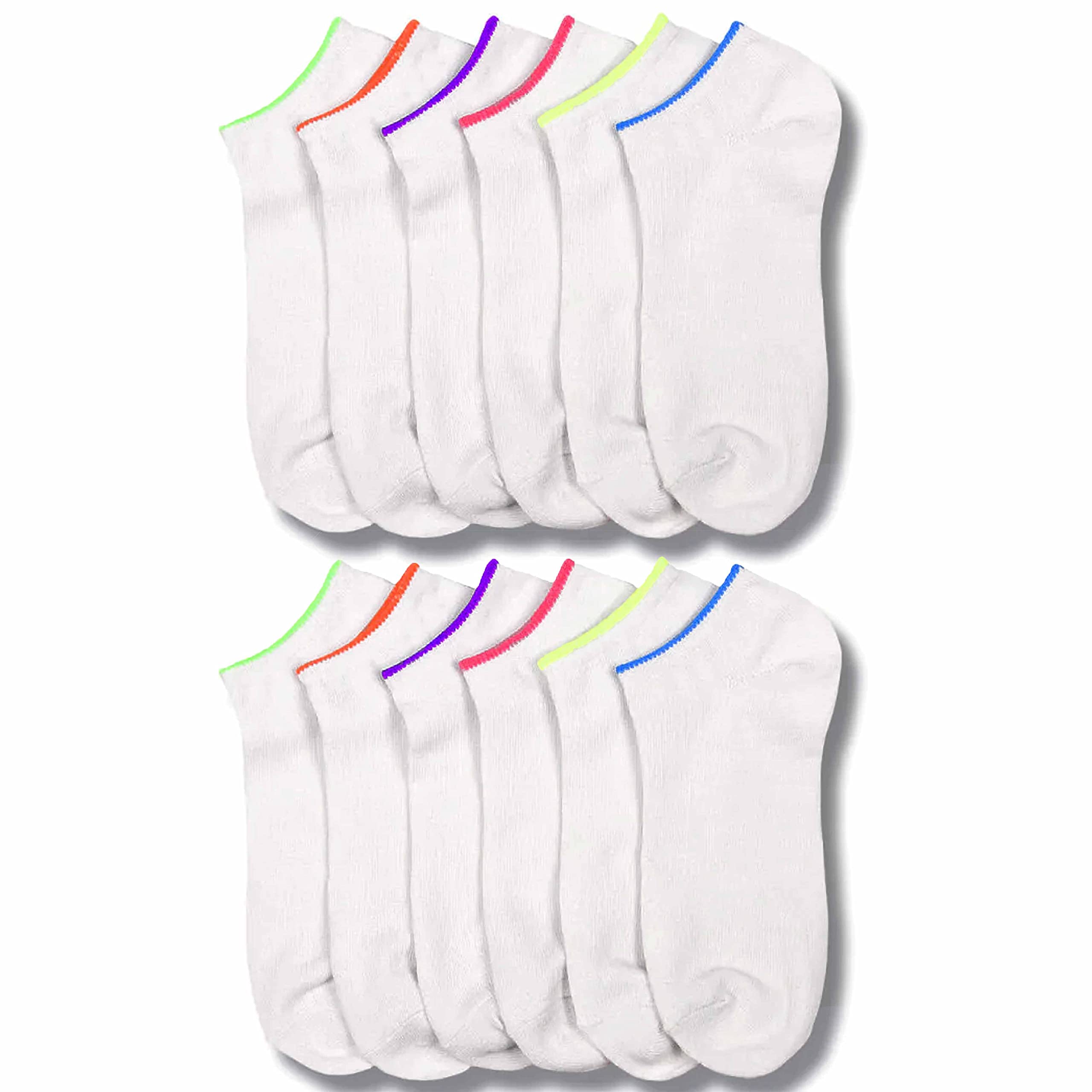 12 Pair Womens White Neon Ankle Socks Sports Low Cut Girls Running Casual 9-11