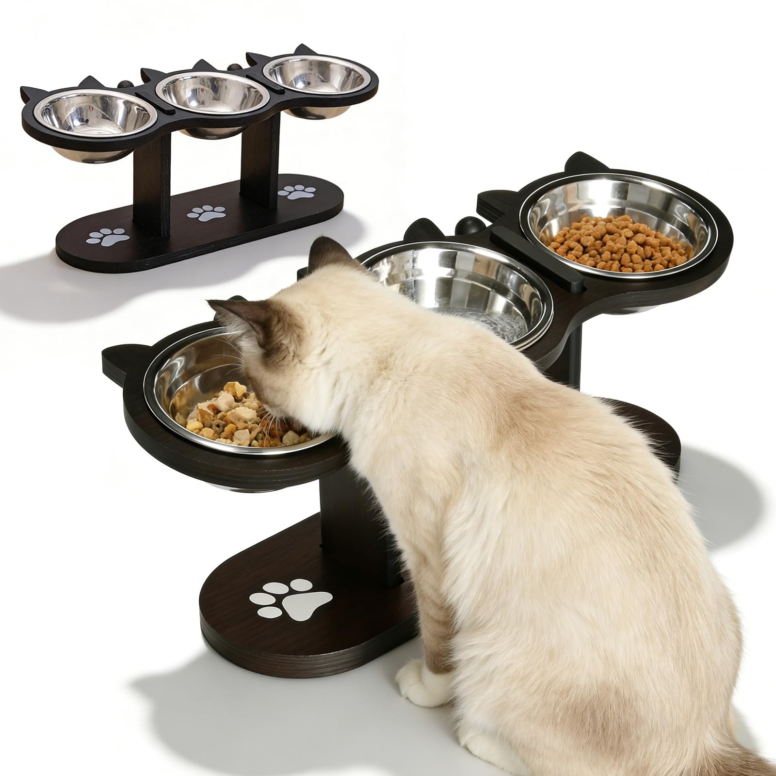 GOMETY Comedero para gatos 3 en 1 elevado, juego de 3 comederos para gatos con 3 cuencos de acero inoxidable, altura ajustable, comedero para gatos elevado, con soporte de madera, comedero ergonómico