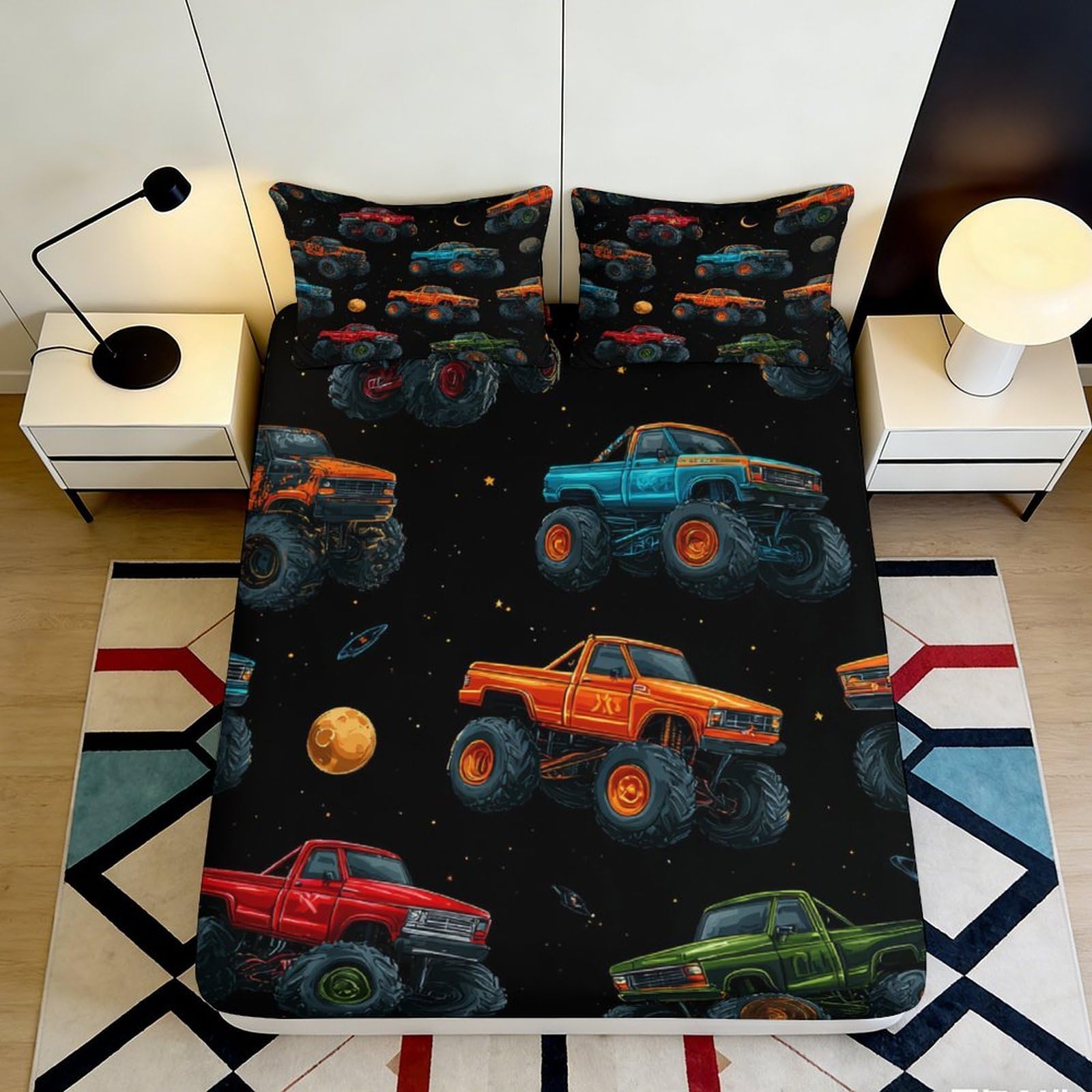 3D Printed Monster Truck Fitted Sheet Microfiber Durable Soft Bed Sheet for Bedroom Dormitory Guest Room Mattress Protection Easy Care 180x200x25cm