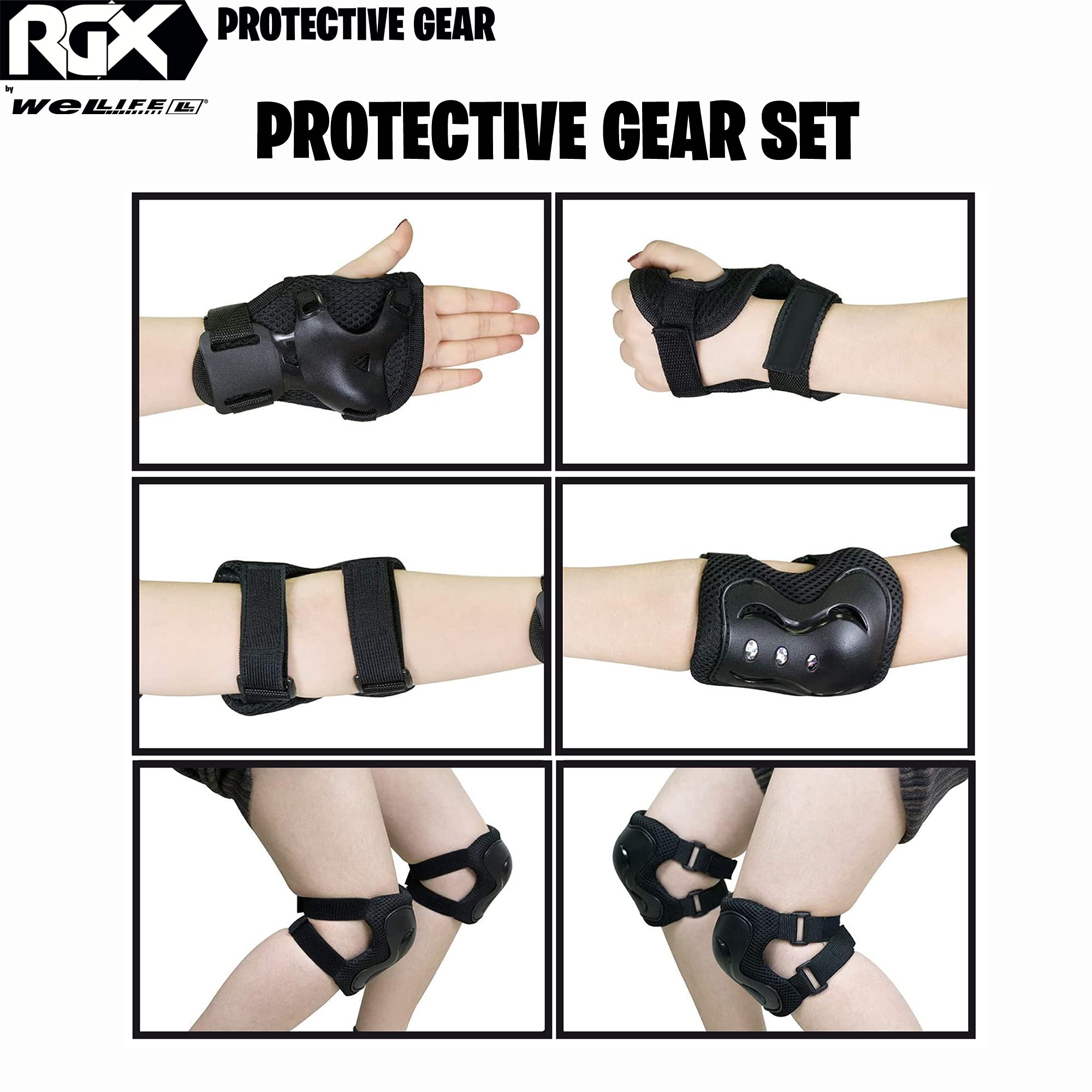 WeLLIFE Casco Regolabile per Bambini e Ragazzi Compreso Set Protezione, Kit di Protezioni Completo di Ginocchiere Gomitiere Parapolsi per Skateboard, Pattini in Linea, Bici, Monopattino