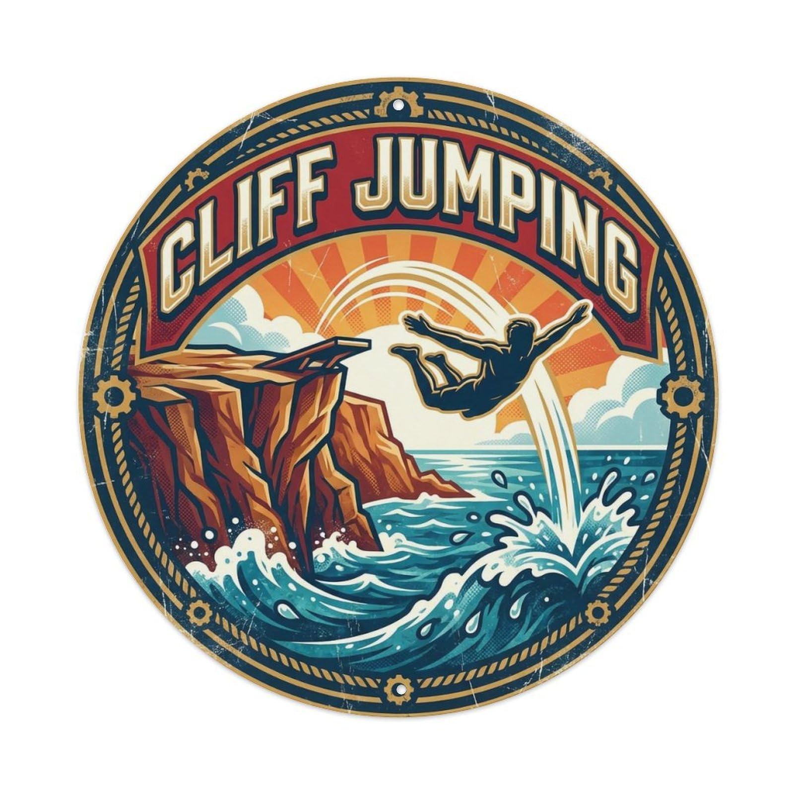 Vintage Cliff Jumping Extreme Sports Badge Metal Tin Sign