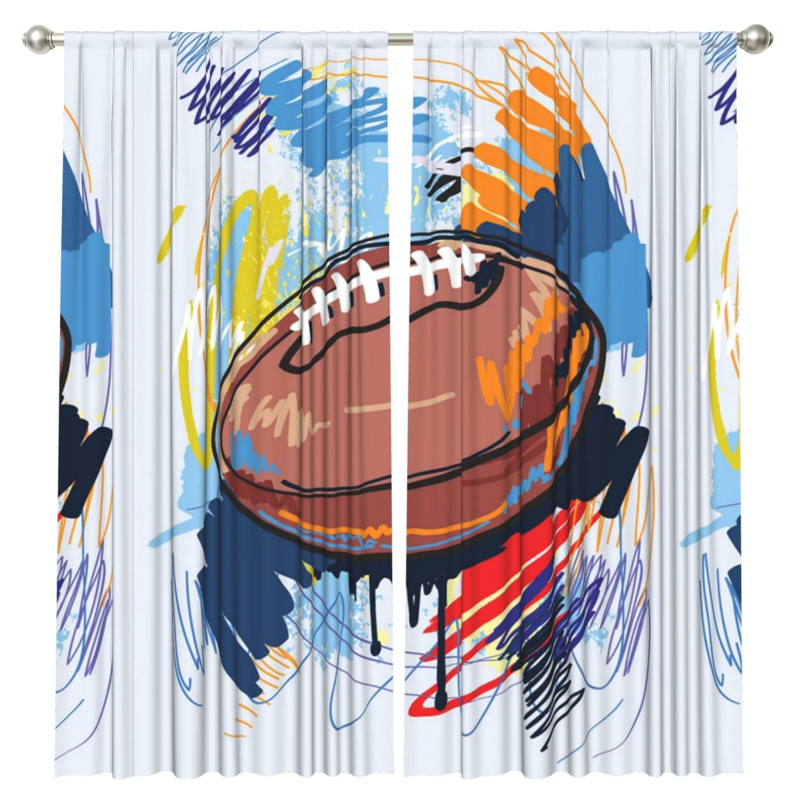 InOmak Rugby Ball Sketch With Colorful Doodles, 2 Panels Window Curtains 52 x 84 Inch Blackout Curtains for Living Room Bedroom