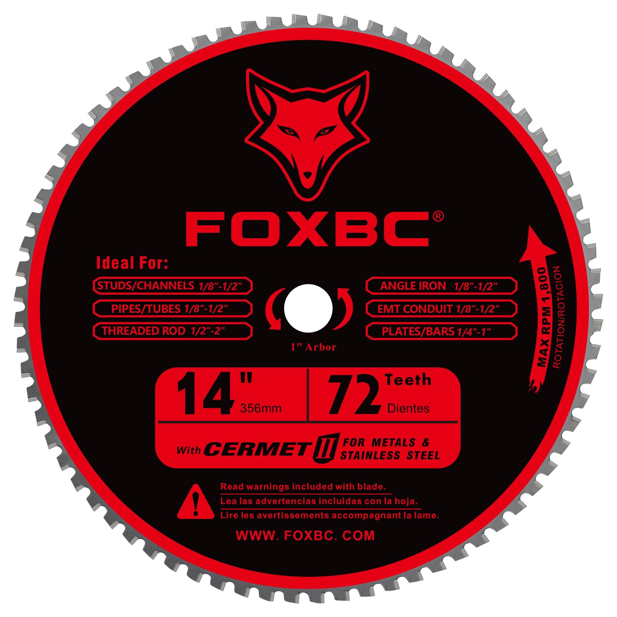 foxbc 14 inch metal steel cutting saw blade 72 tooth for evolution 14 inch chop saw and other, cermet carbide up to 5x longer life