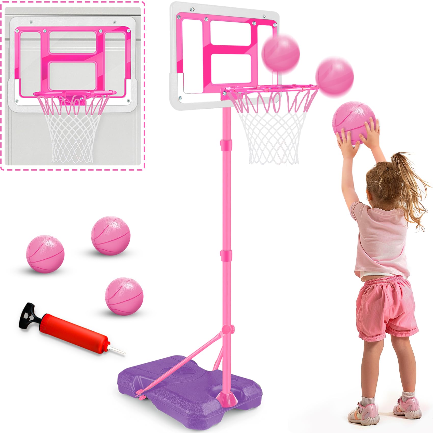 Kids Basketball Hoop with Stand, Adjustable Basketball Set, Toddler Basketball Toys for Boys Age 3 4 5 6 7 8, Indoor Outdoor Backyard Sport Game Gifts