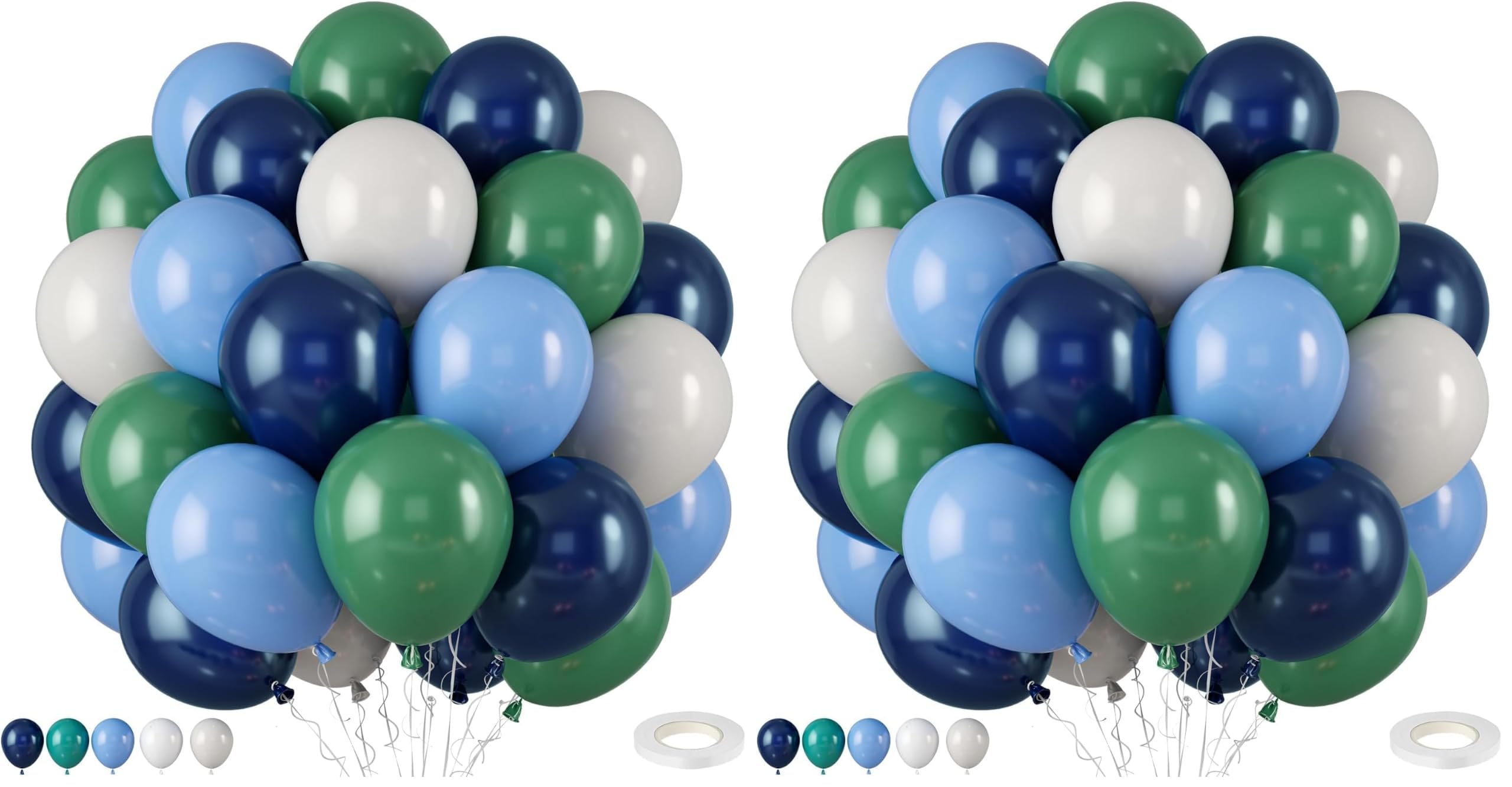 Navy Blue Dark Blue Green White Latex Balloons, 12 Inch, with Ribbon for Birthday, Baby Shower, Jungle Safari, Dinosaur Party Decorations (Pack of 2)
