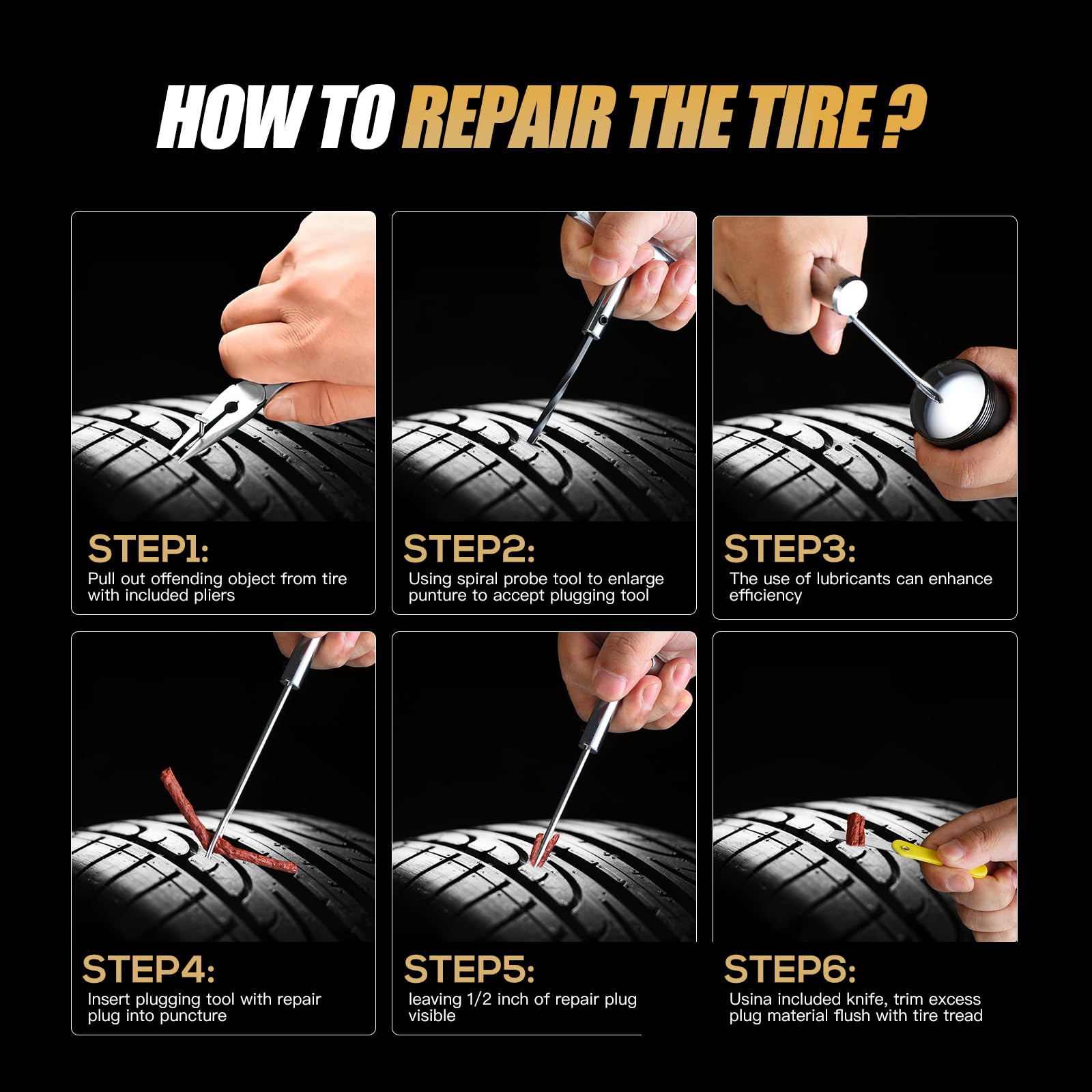 Kit de tapones para neumáticos, kit de reparación de neumáticos de alta resistencia con 2 herramientas de inserción de mango en T de metal resistente para coche, camión, motocicleta, ATV