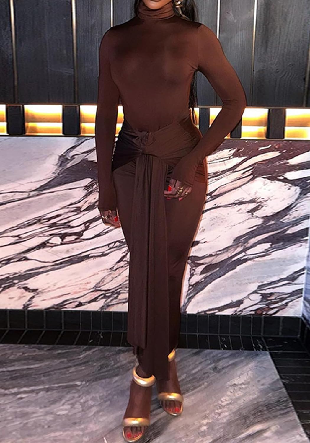 Vakkest Women's Long Sleeve Formal Maxi Dress Bodycon Elegant Ruched Tie Front Party Wedding Guest Evening Dresses - Image 4