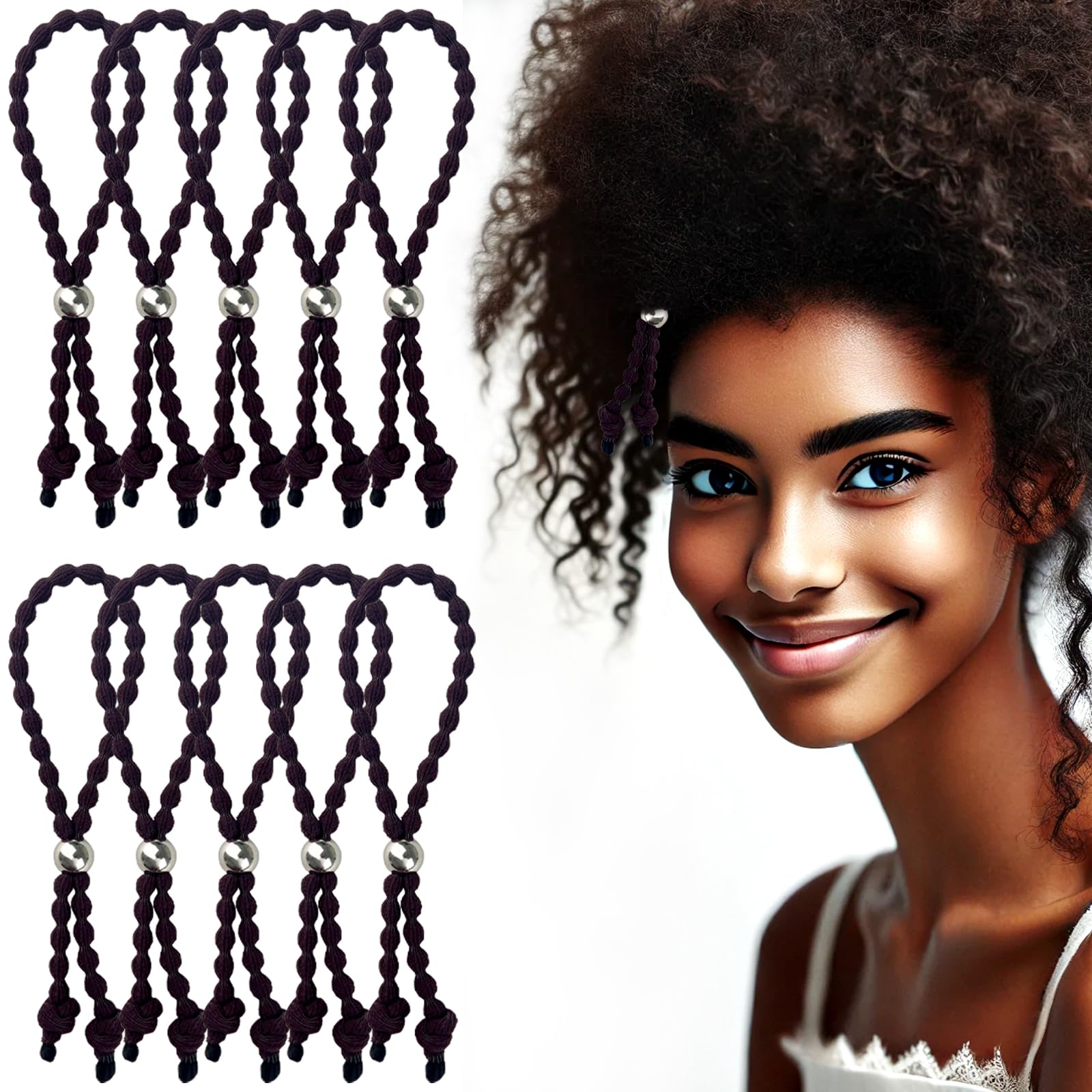 10pcs Cushioned Adjustable Band for Thick, Curly, Natural Hair - Extra Stretchy Ties Perfect for Braids, Pineapple Style - Afro Puff Ponytail Holder (Brown)