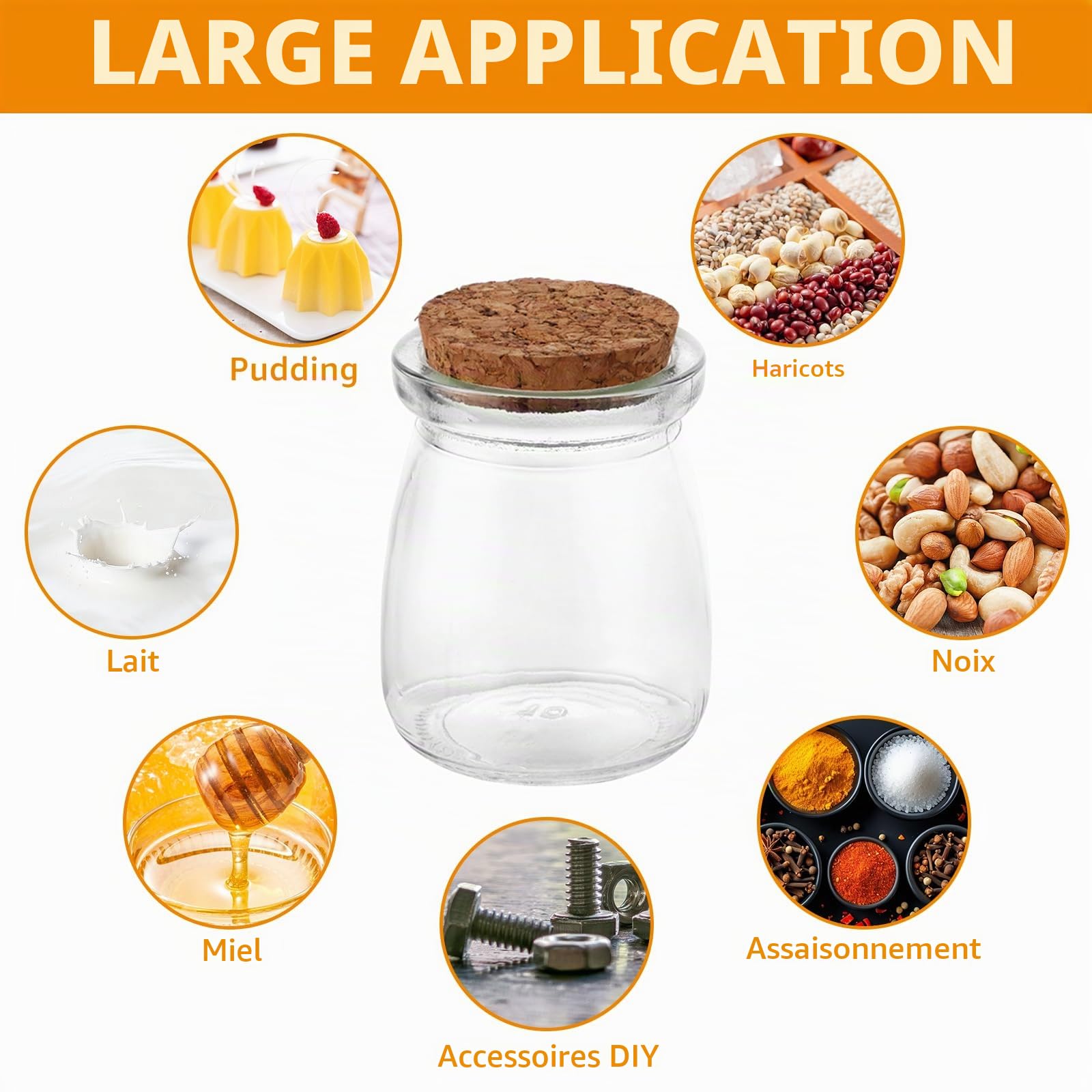 APACALI Lot de 40 petits bocaux en verre avec bouchon en liège - 100 ml - Pour dessert, yaourt, yaourt, etc. - Pour confitures, gelées, miel, desserts