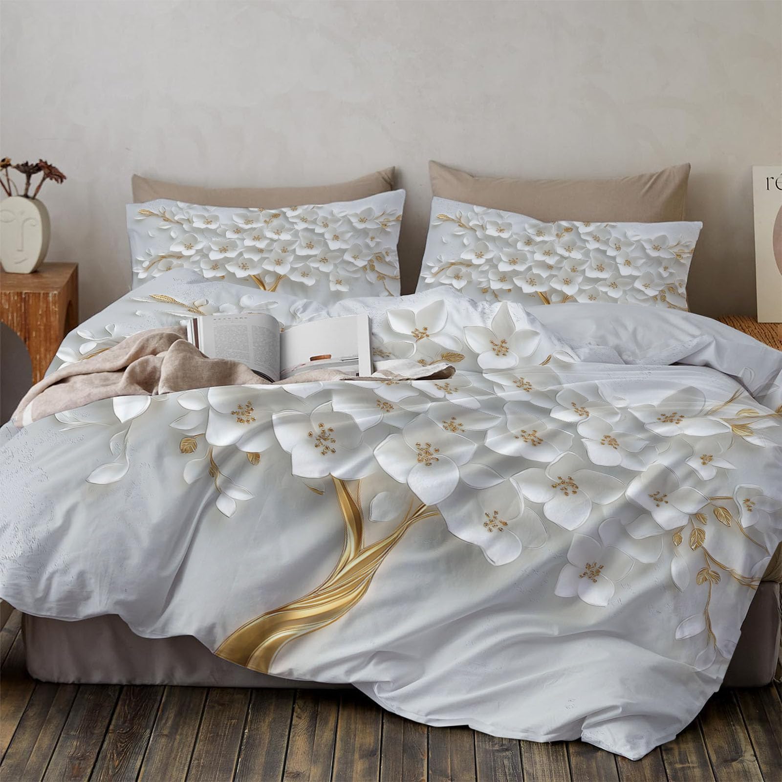 Housse de couette 200x200 fleurs blanches avec taies d'oreiller 65x65 adulte