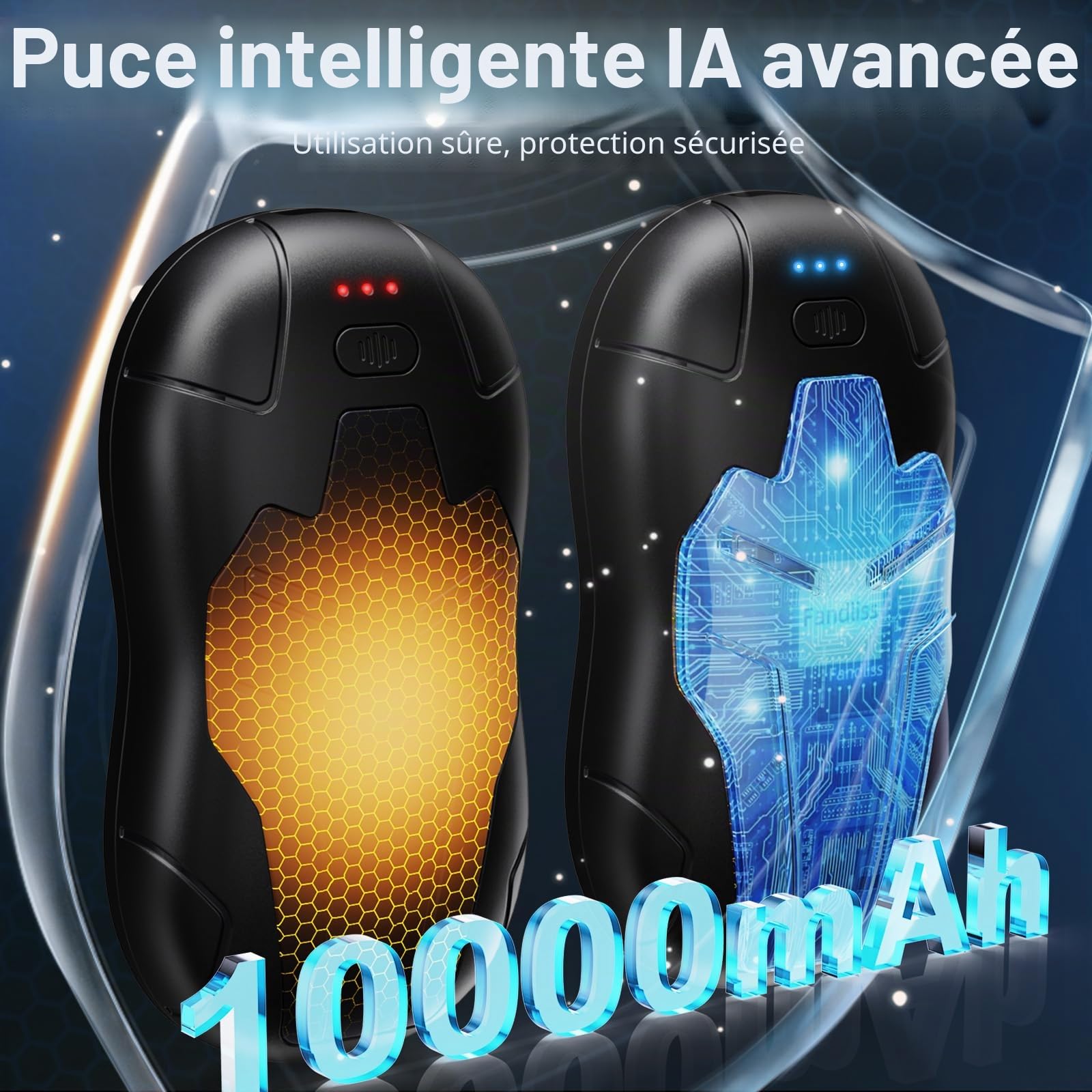 Chauffe Main Rechargeable,10000mAh Chaufferette Main Reutilisable Iron Man,2024 Ddernière Lot de 2 Chauffe Main Electrique Portables,Adaptés pour Extérieur&Intérieur,Camping-Noir Argent