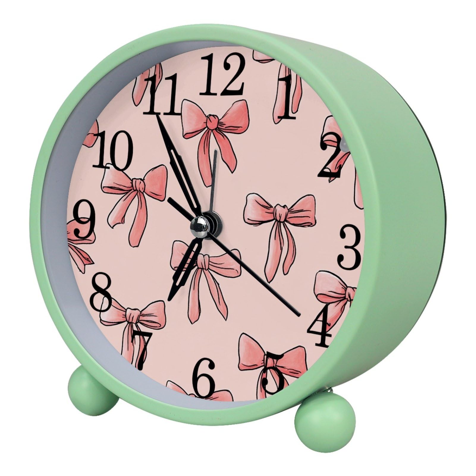 etoenbrc Bows Round Battery Operated Bedside Alarm Clock Non-Ticking Desktop Silent Analog Alarm Clock with Light