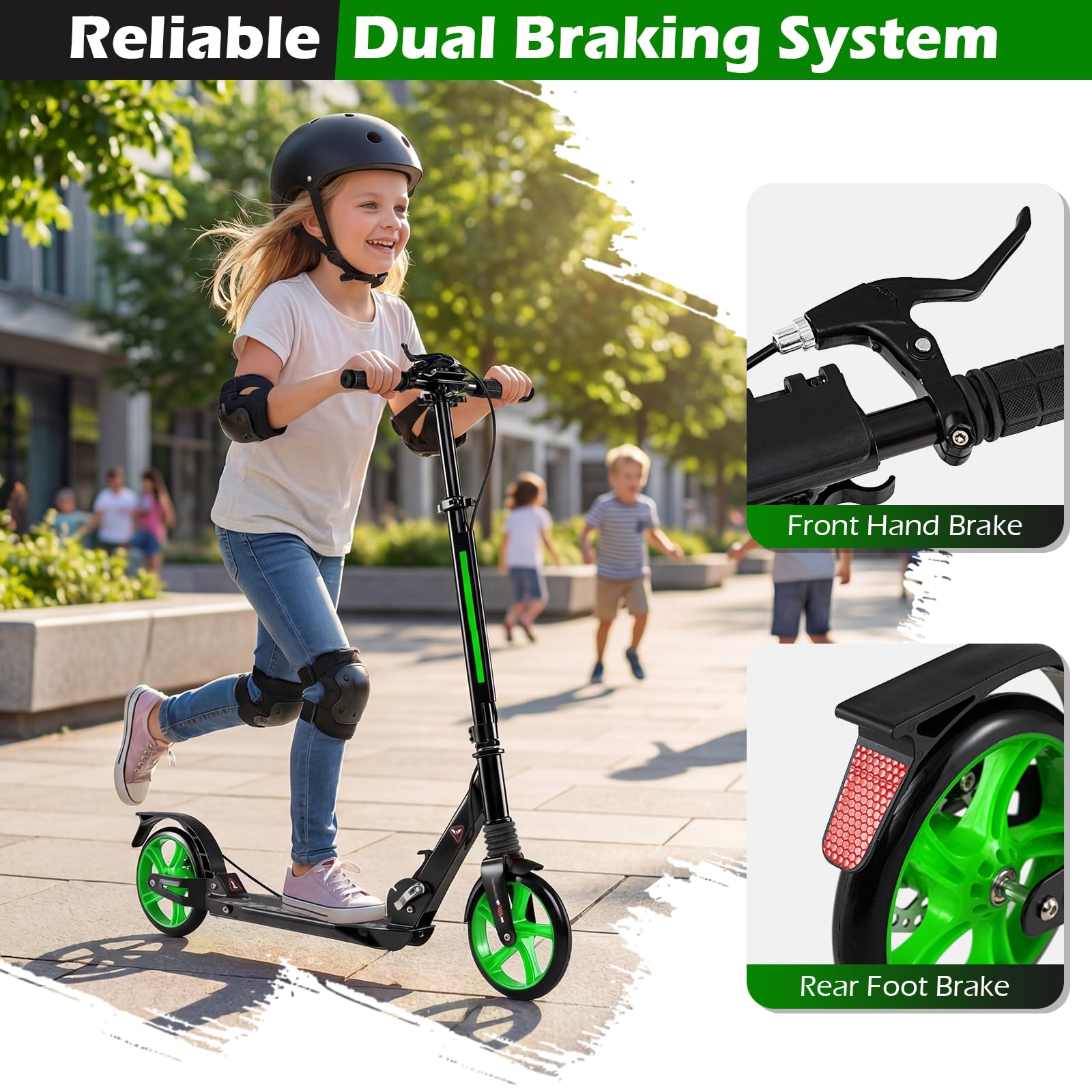 GYMAX Patinete Plegable, Manillar Ajustable para Adultos con Ruedas Grandes y Correa de Transporte, Patinete Ligero para Adolescentes y Adultos a Partir de 8 años