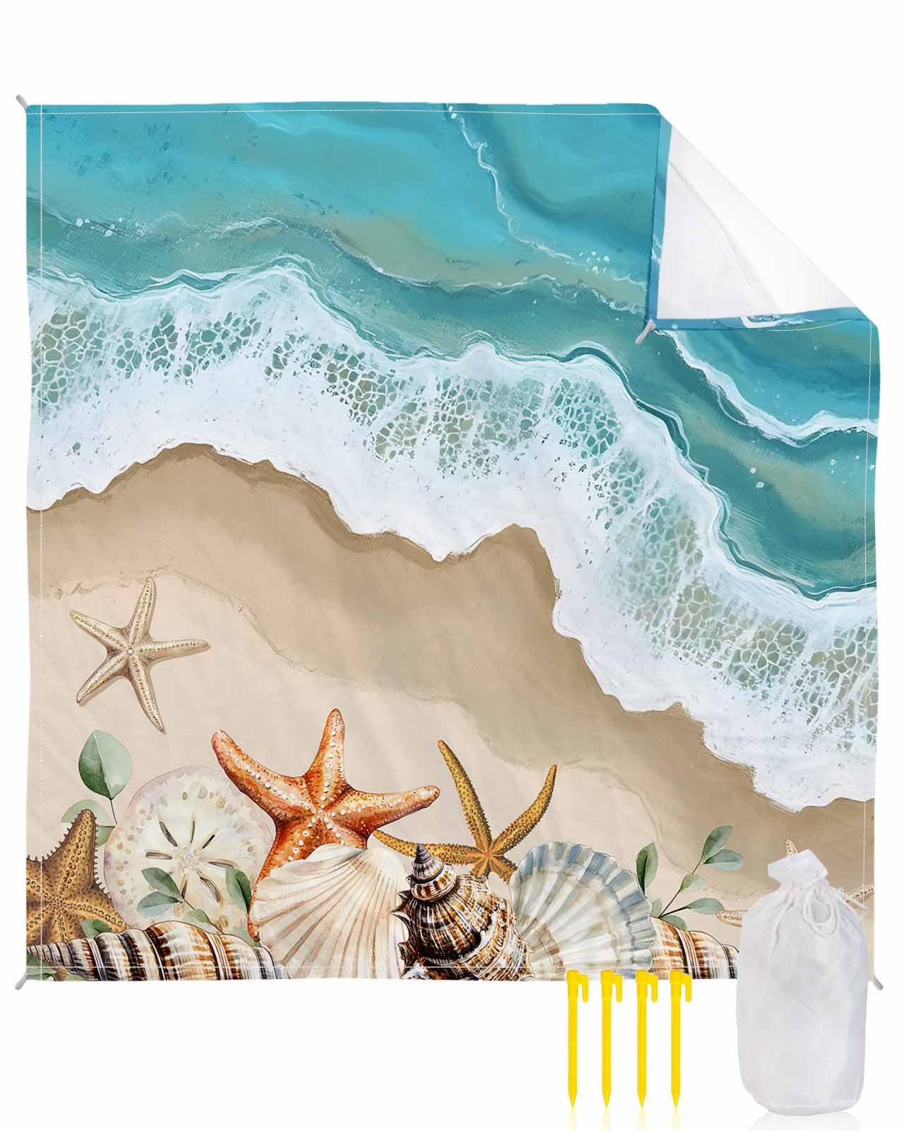 Nautical Coastal Ocean Wave Beach Blanket Extra Large 83x79in Outdoor Waterproof Sandproof Picnic Blankets with Stakes Lightweight Beach Mat for Camping Travel,Summer Beach Seaside Starfish Shell