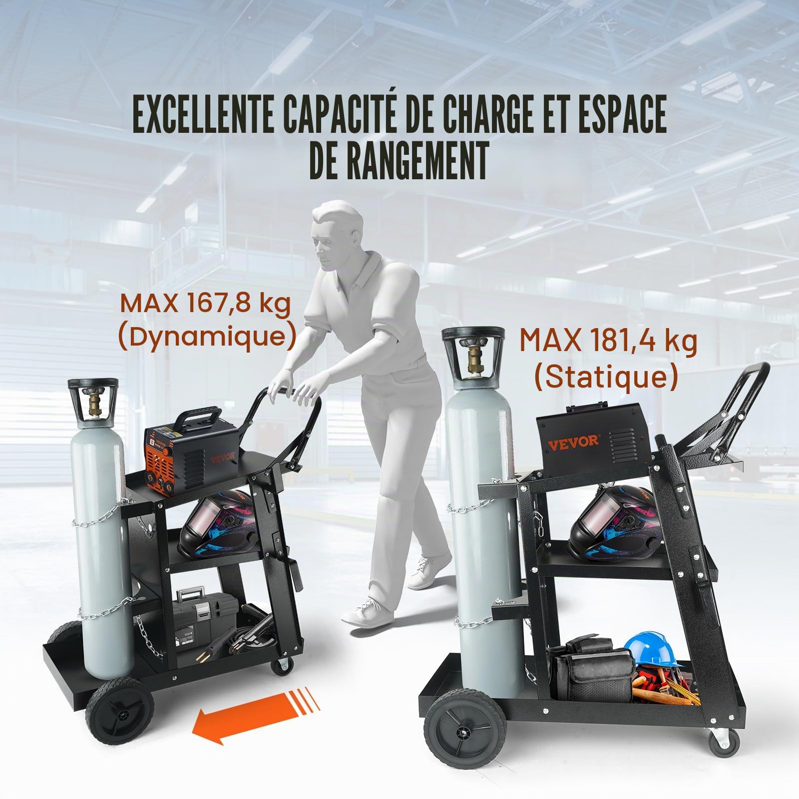 VEVOR Chariot de Soudage à 3 Niveaux Chariot Poste à Souder Capacité Charge 181,4 kg​​ Roues 360° Chaînes Sécurité Stockage Réservoirs Chariot Soudure MIG pour Atelier TIG Arc MMA Découpeur Plasma