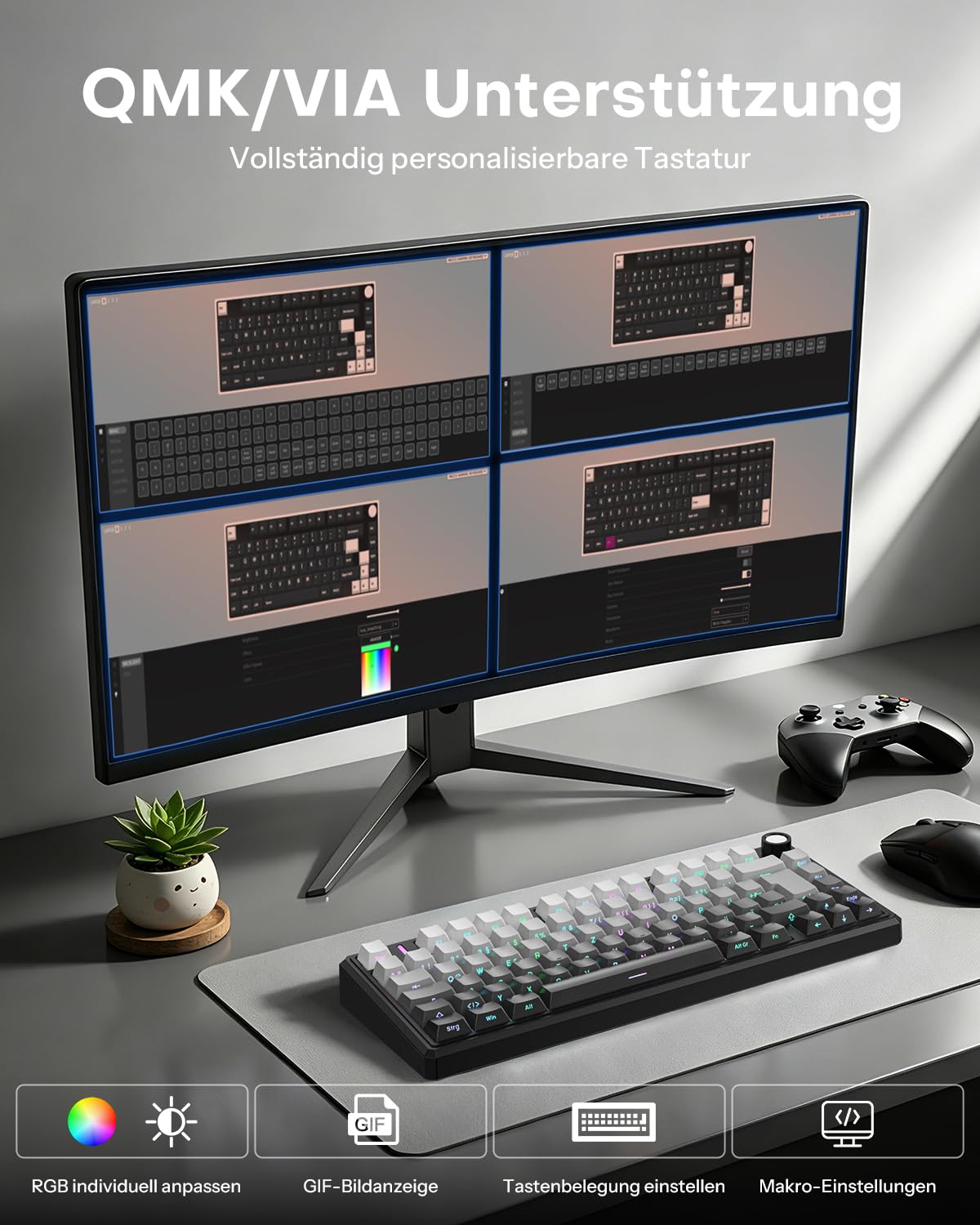 OMOTON 75% Mechanische Gaming Tastatur Kabellos, ISO QWERTZ, BT/USB-C/2,4GHz, Hot-Swap, QMK VIA Custom, 4000mAh Akku, RGB & Fünfschichtige Polsterung Struktur, MK212 Keyboard für Büro & Gaming