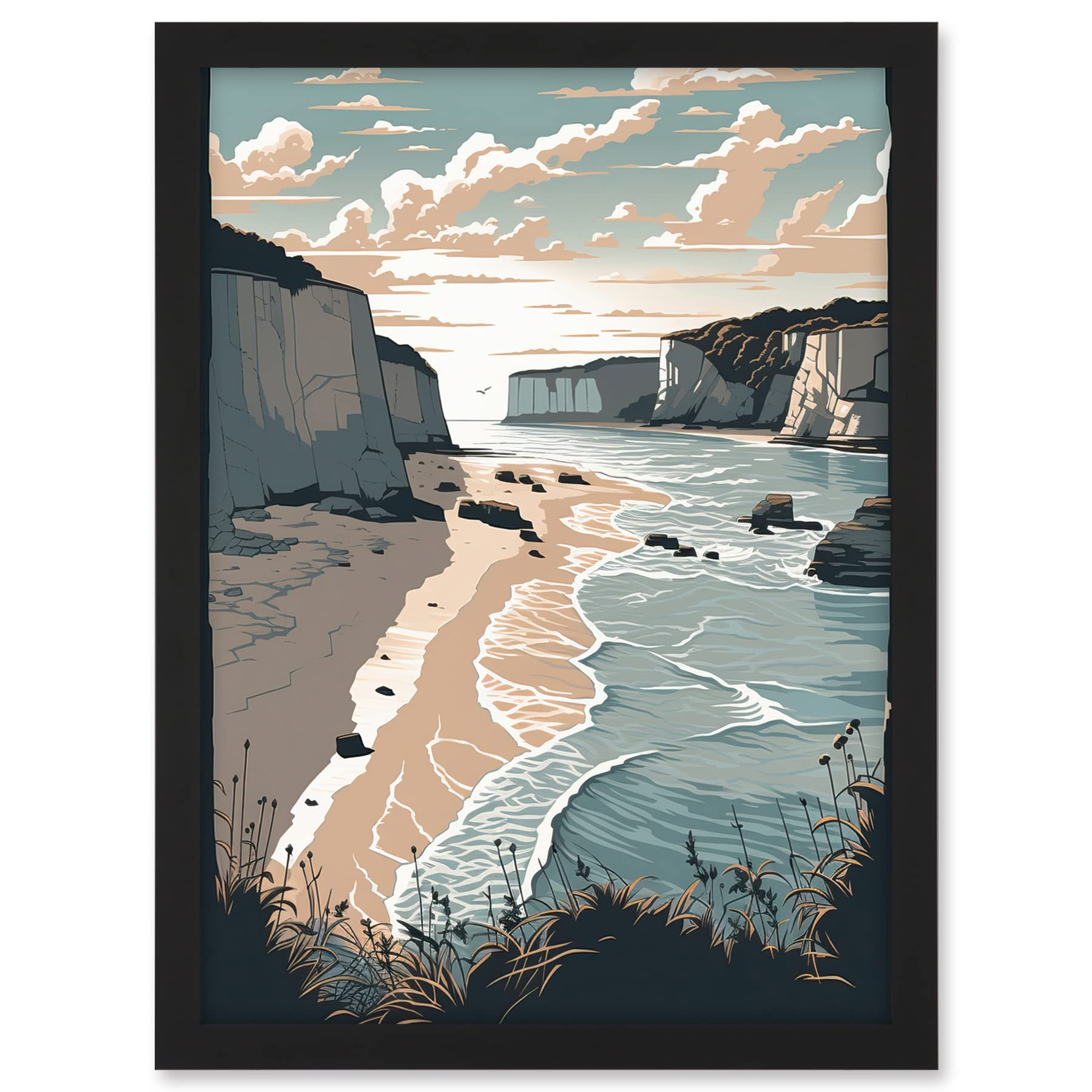 Artery8 Bay with Cliffs Pastel Colour Coastal Landscape Artwork Framed A3 Wall Art Print