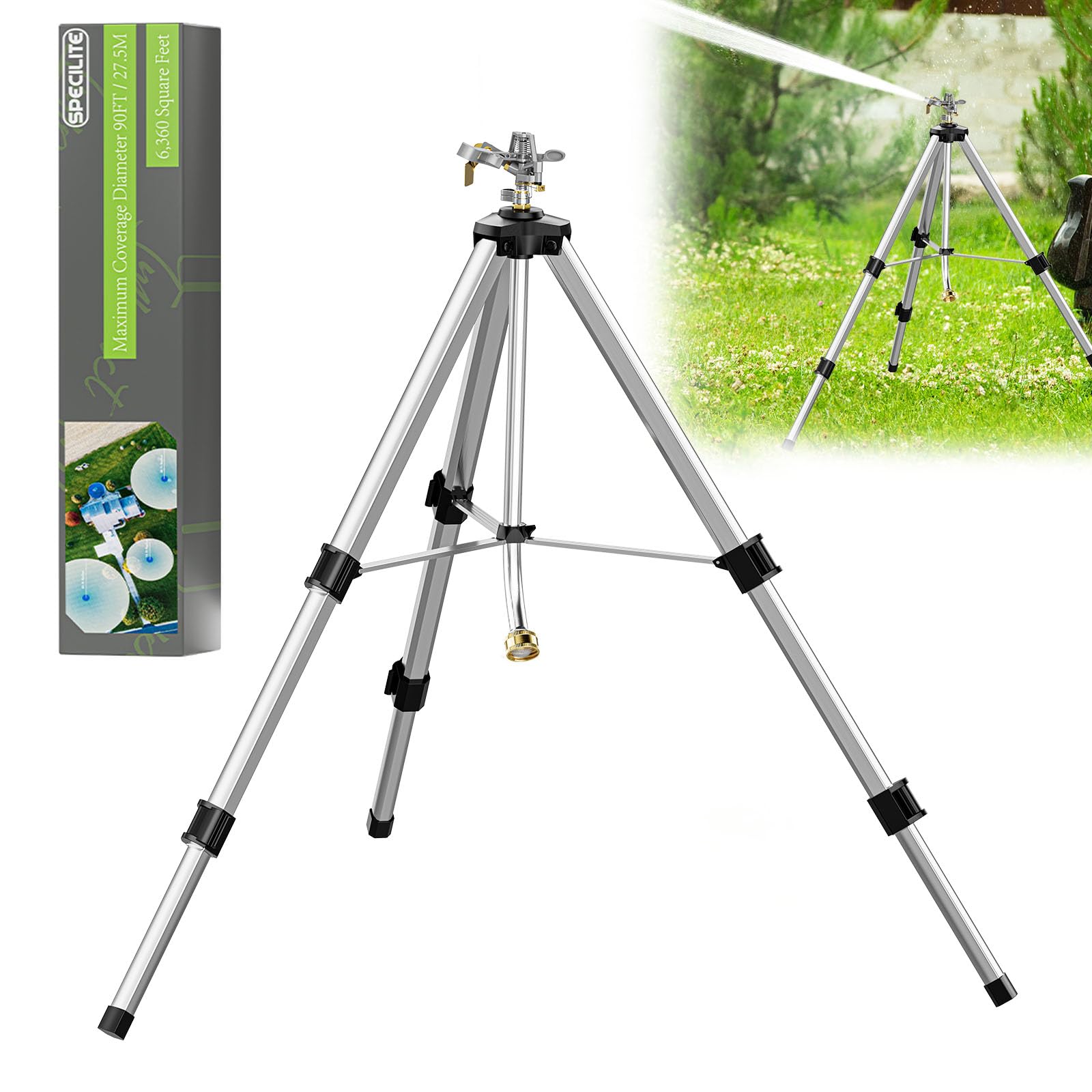Impact Sprinkler on Tripod Base, 360° Rotating Brass Metal Pulsating Telescoping Sprinkler, 50" Heavy Duty Irrigation for Large Area, Yard, Lawn, Waters up to 90ft, Covering up to 6360sqft