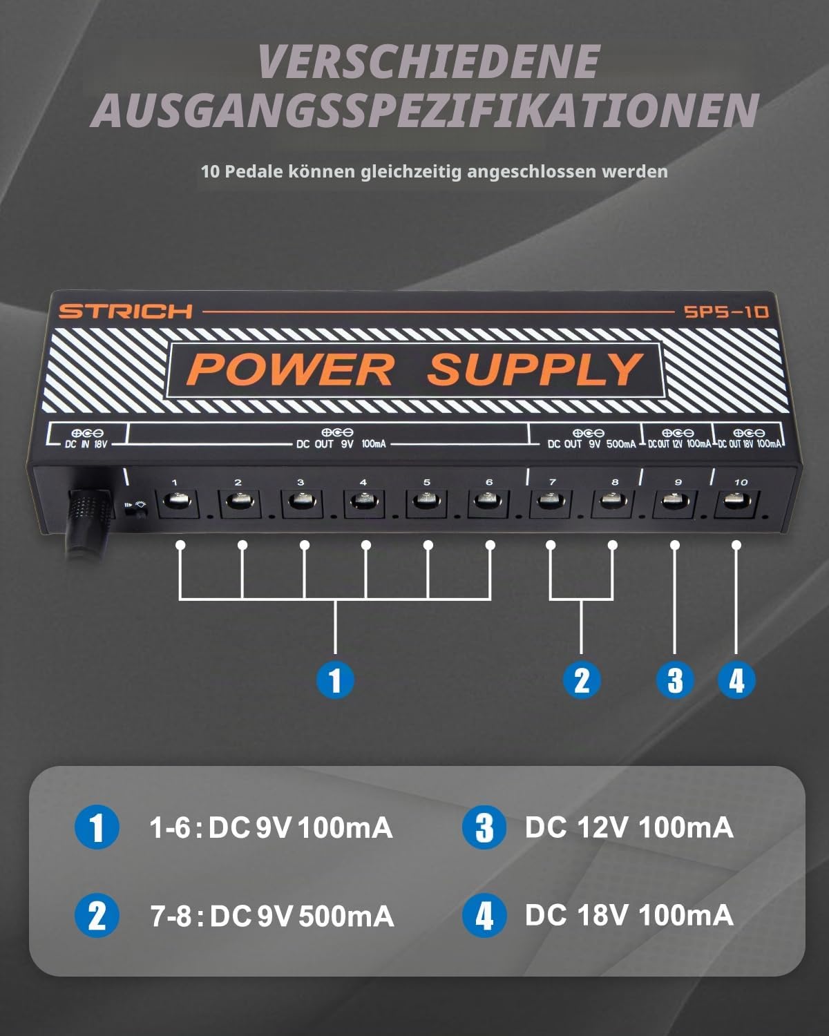 STRICH SPS-10 Gitarrenpedal-Netzteil, 10 Isolierte DC Ausgänge für 9V/12V/18V Gitarre Bass Effektpedale, 100mA 500mA Pedalboard-Netzteil mit Kurzschlussschutz