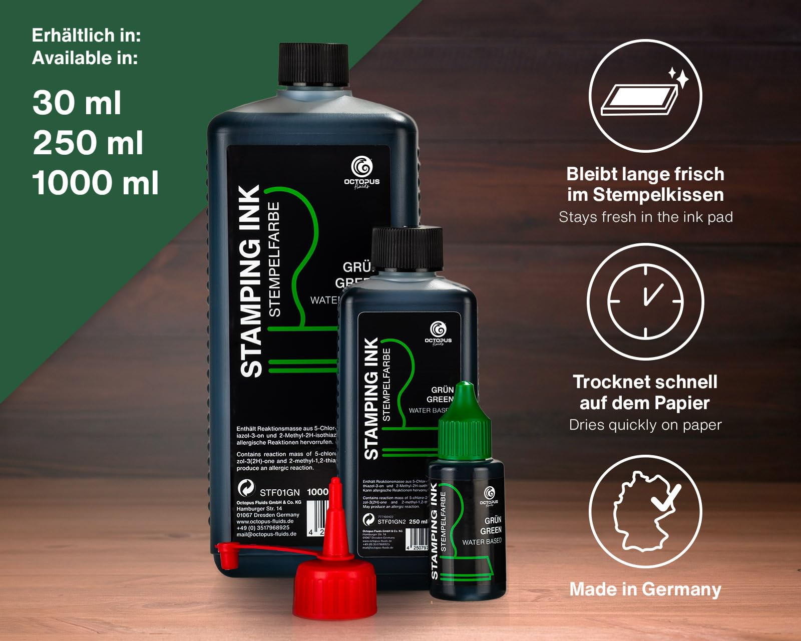 Octopus Tusz do stemplowania płynów, tusz do wielokrotnego napełniania do wkładów atramentowych i automatycznych maszyn do stemplowania, tusz do stemplowania 1000 ml, zielony bez oleju