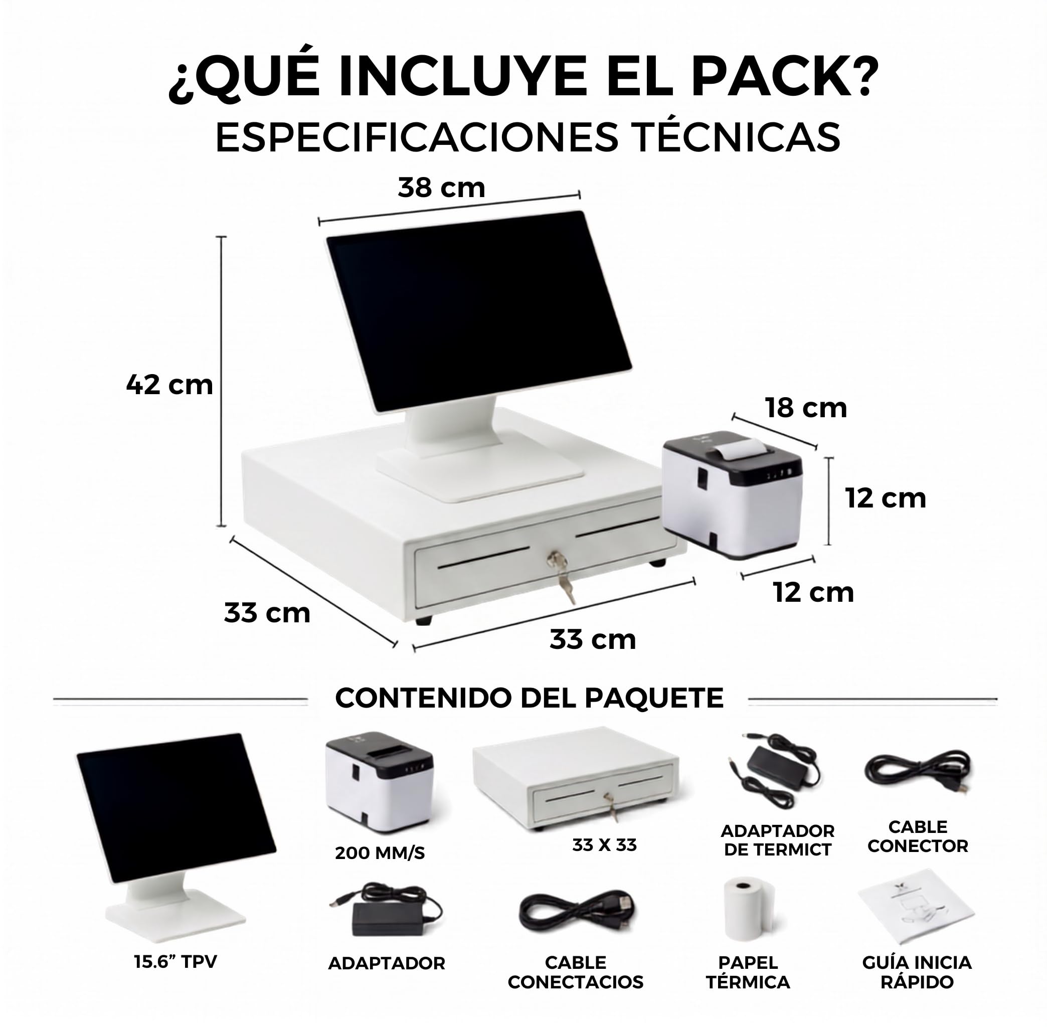 Pack TPV Completo Android 15,6" para Hostelería y Comercio | Caja Registradora Táctil con Pantalla Cliente, Impresora de Tickets y Cajón Portamonedas | Modelo Atlas (Android 11, WiFi, BT)
