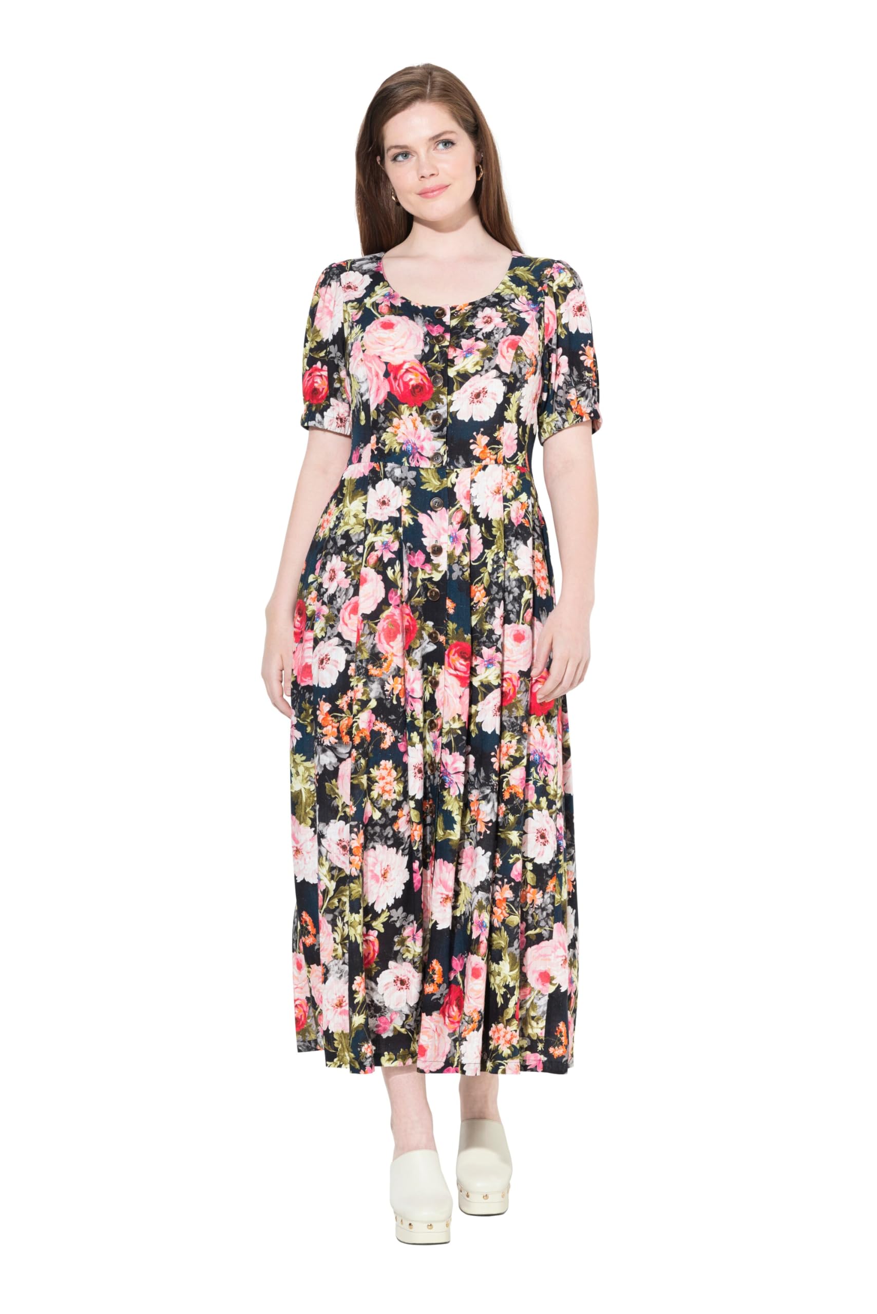 Ulla Popken Damen große Größen Übergrößen Plus Size Maxikleid, Leinenmix, Blüten, Rundhals, Halbarm 843544