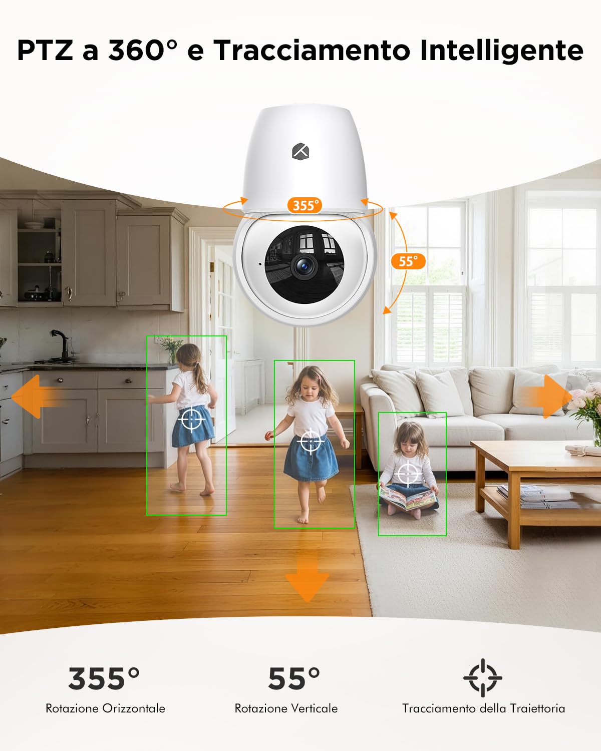 YESKANO 2 pezzi 2K Camera interna WiFi 2.4G/5G - 360° PTZ - Rilevamento PIR e monitoraggio auto, modalità privata e visione notturna, audio bidirezionale e sirena, compatibile con Alexa per umana