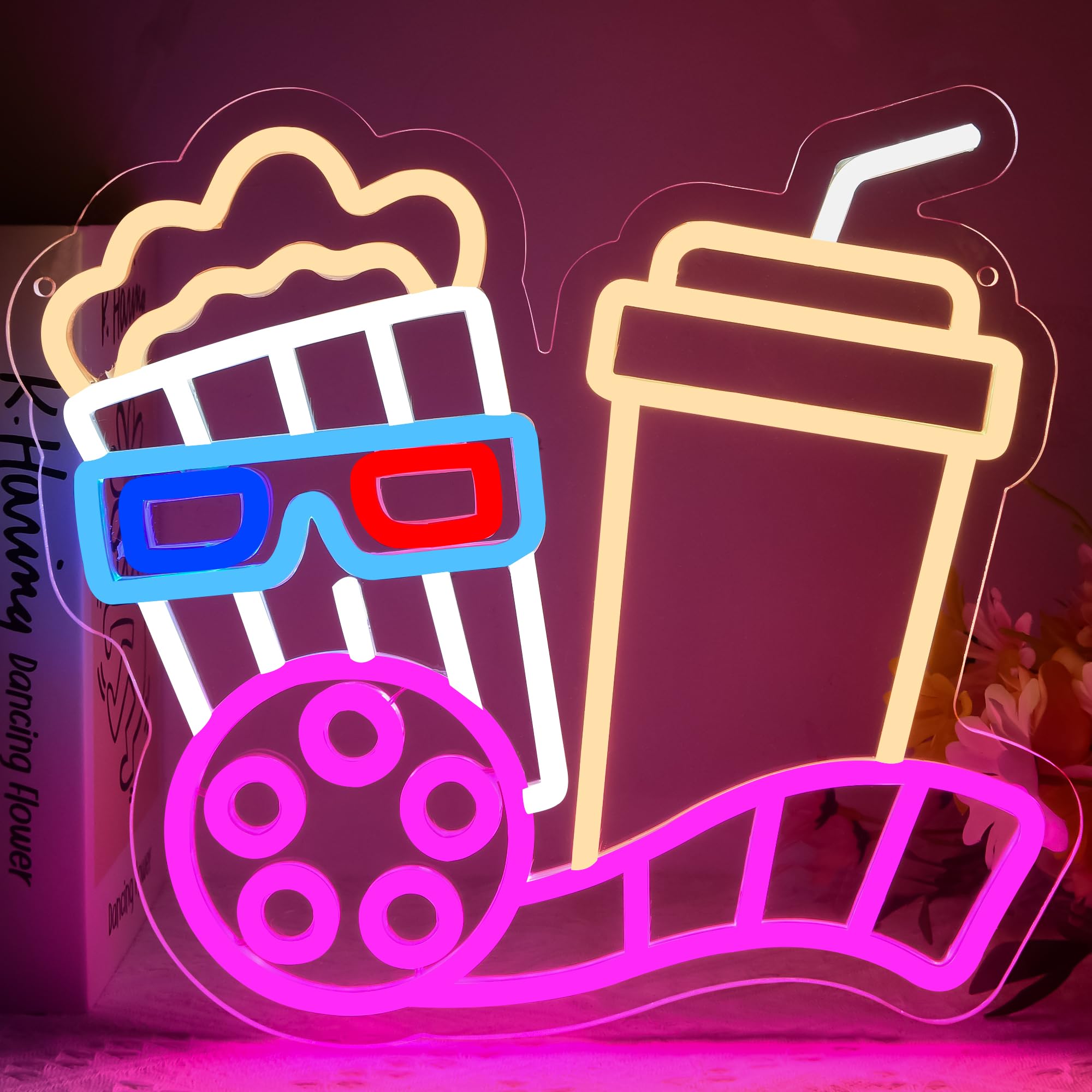 Insegna al neon con popcorn per decorazione da parete, luce al neon a led cinema per cinema, sala cinematografica, cinema, feste, decorazioni notturne per film, 31 x 34,3 cm (D263)