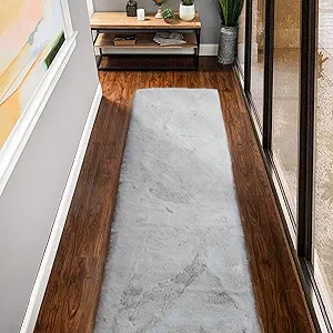 Fuzzy Grey Fluffy Washable Runner Rugs for Hallway 2x10 Plush Faux Rabbit Furry Fur Rugs for Bedroom Living Room Home Décor