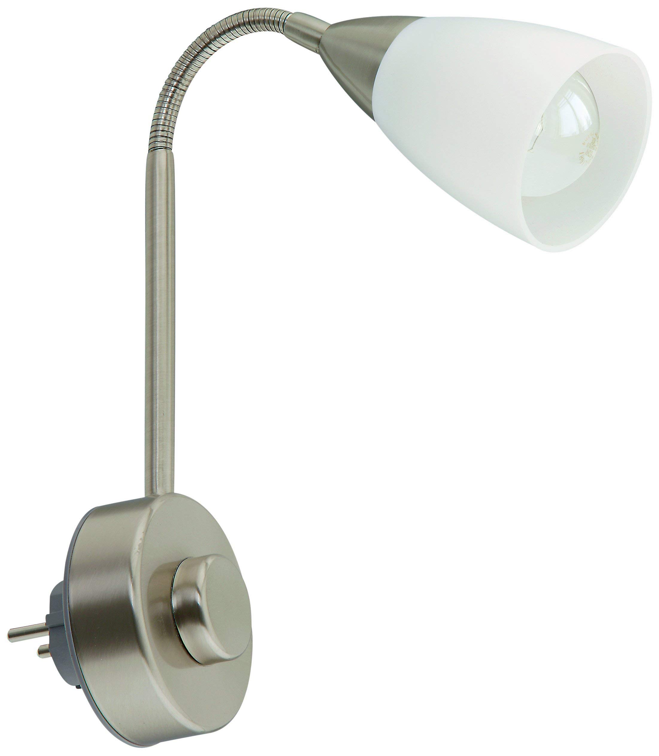 Briloner Lampa wtykowa Flexarm, lampa wtykowa E14, lampka do czytania 25 W, ze ściemniaczem obrotowym, matowo-niklowo-biały, metal, 25 W