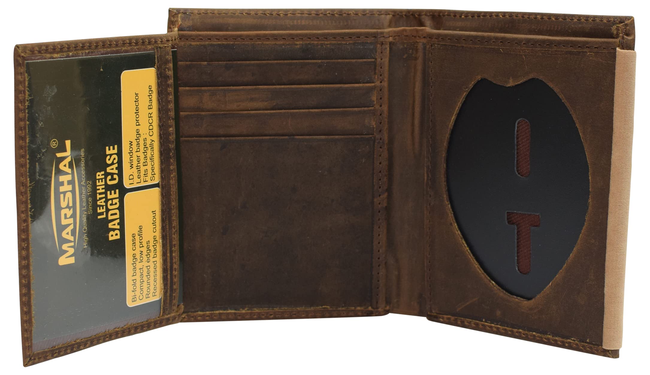 RFID Blocking Vintage Leather Badge Holder Bifold Trifold Wallet (Brown)
