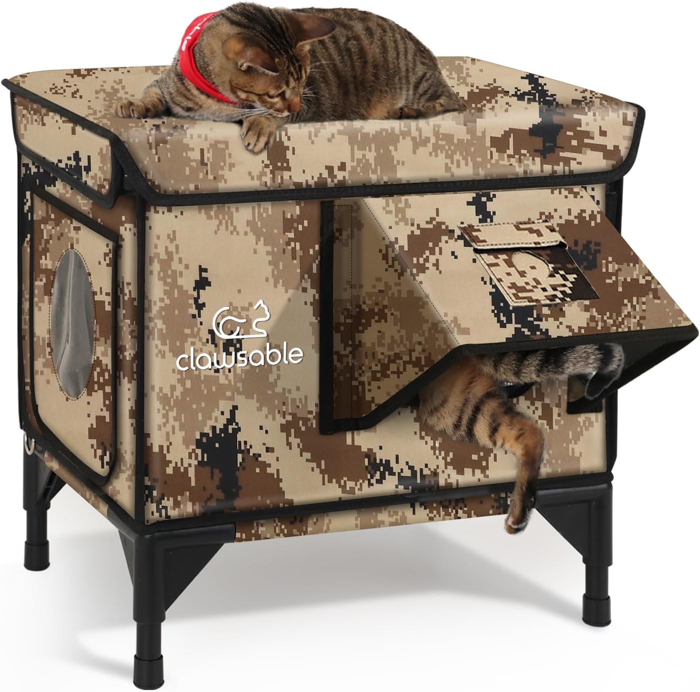 Insulated Outdoor Cat House, Weatherproof Cat House for Outside with Soft Pad, Waterproof Escape Door in Winter (Desert Camo, 16.52x12.63x17.73)
