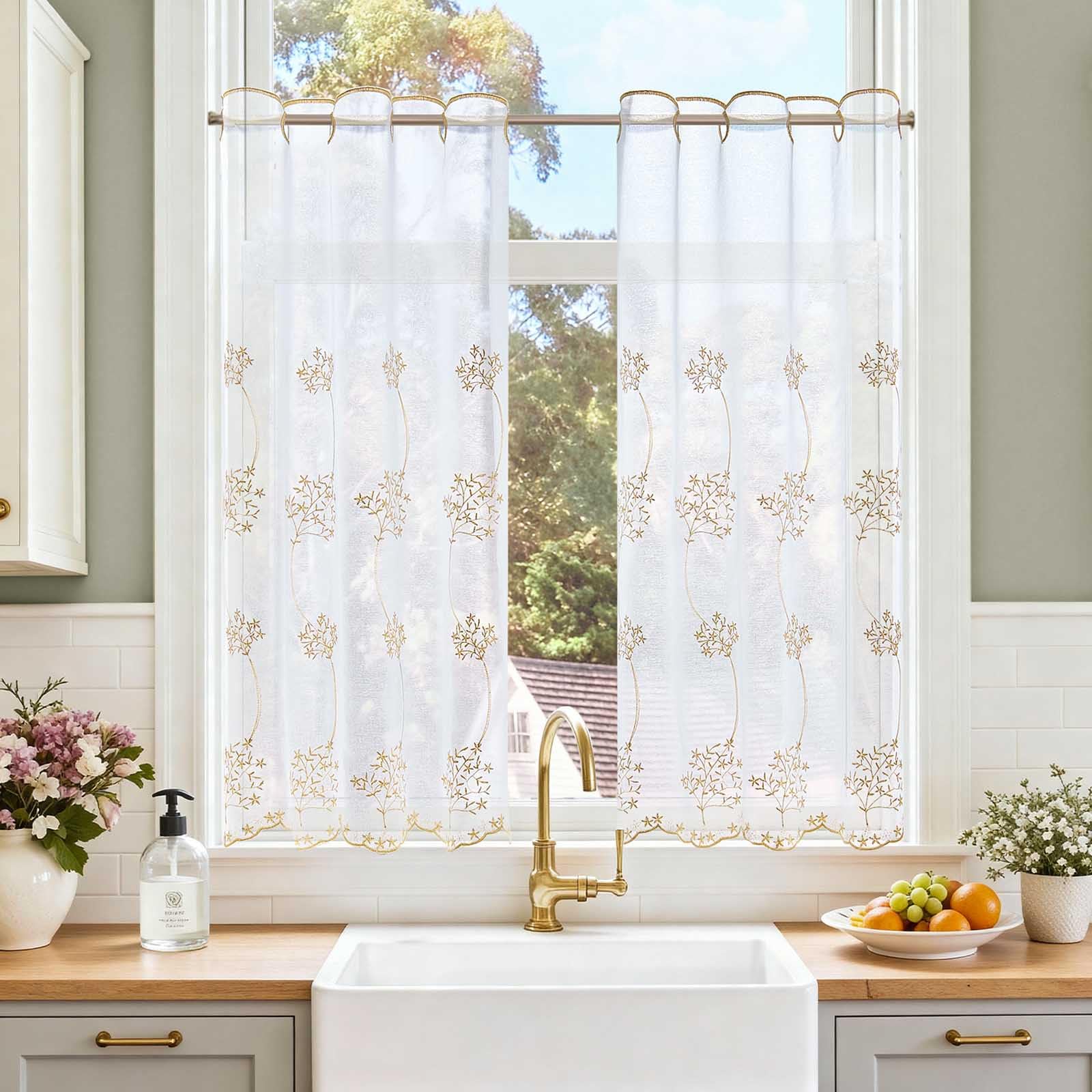 TOPICK Linen Net Kitchen Cafe Curtains, Beige Floral, W26 xL36, 2 Panels — image 1