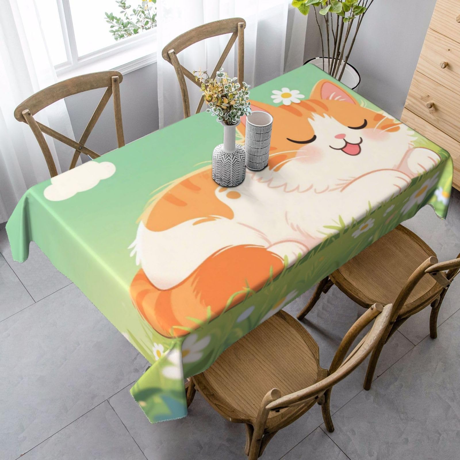Cute Daisy Cat Rectangle Tablecloth 35x55 Inch, Washable Reusable Farmhouse Table Cloths Wrinkle Free And Spillproof Kitchen Dinning Table Cover For Party Wedding Picnic Home Decor Tablecloths