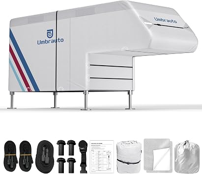 Truck Camper Cover for 1012FT Slide-in Campers 300D Oxford Waterproof RV Cover, Silver-Coated, All-Weather Protection with Windproof Straps & Air Vents