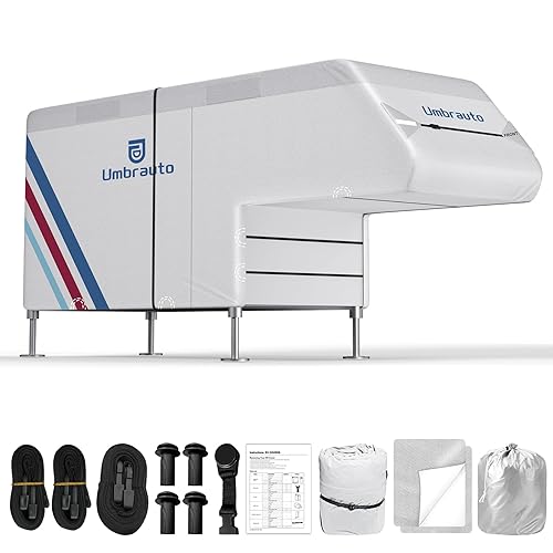 Truck Camper Cover for 8–10FT Slide-in Campers – 300D Oxford Waterproof RV Cover, Silver-Coated, All-Weather Protection with Windproof Straps & Air Vents