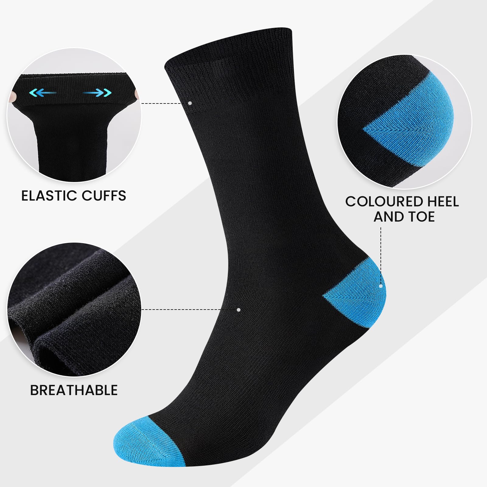 6/10 Pairs Mens Black Socks, Breathable Causal Cotton Socks Men Multipack, Soft Smart Dress Sock with Reinforced Heel & Toe, Suitable for Work and Daily Wear - 5