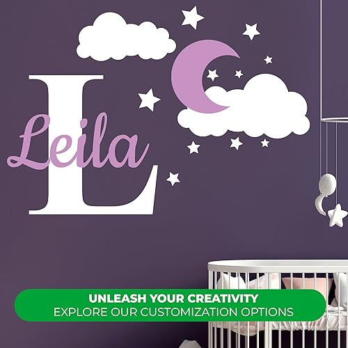Miniatura 2 de Calcomanía de pared para decoración de habitación de bebé con nombre personalizado y inicial de nubes de luna diseño de estrellas para bebé