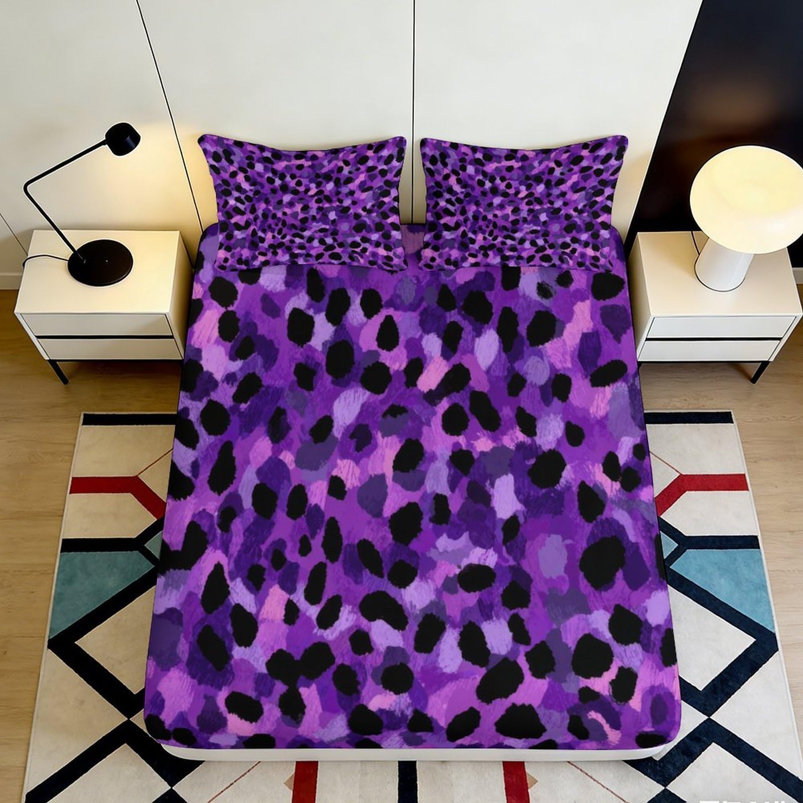 3D Printed Purple Leopard Fitted Sheet Microfiber Soft Artistic Spot Bed Cover for Bedroom Guest Room Decor 90x200x25cm