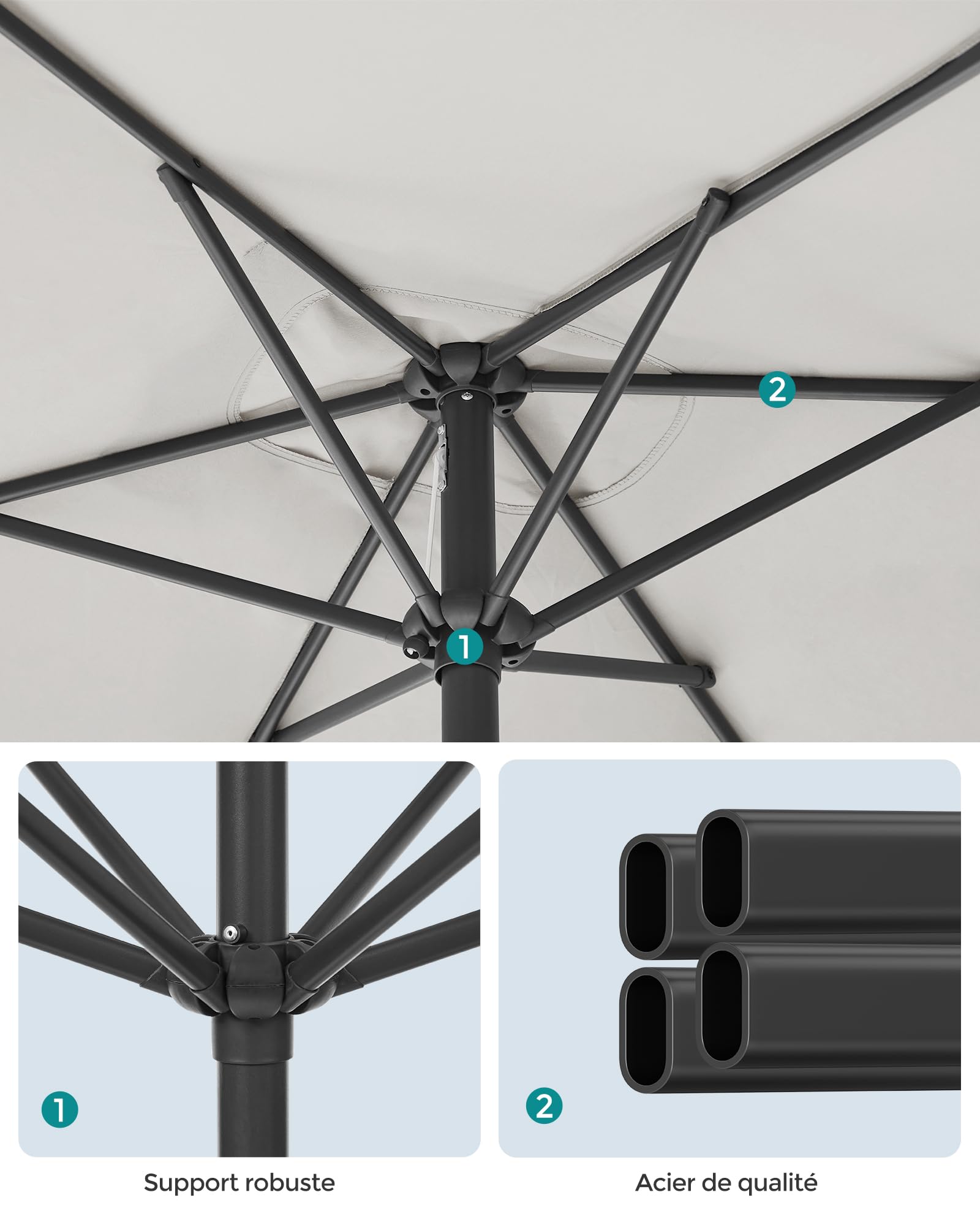 SONGMICS Parasol rectangulaire 200 x 150 cm, protection solaire UPF 50+, pliable des deux côtés à 30°, pour jardin, terrasse, sans pied