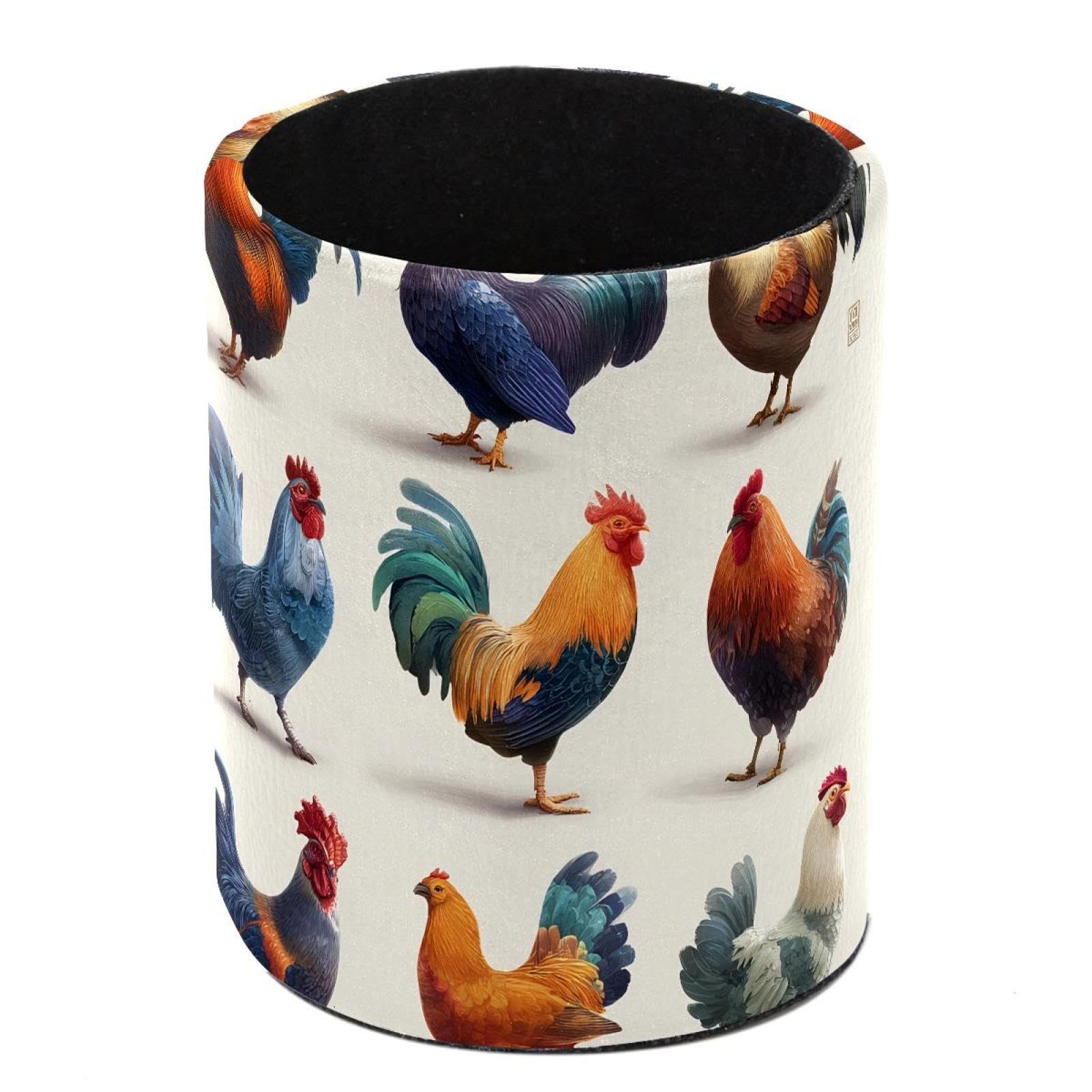 HEOEH Chicken Rooster Hen Breeds Farm Pen Holder for Desk, PU Leather Pencil Holder Pen Cup Marker Holder Makeup Brush Holders, Desk Accessories & Workspace Organizers for Home, Office