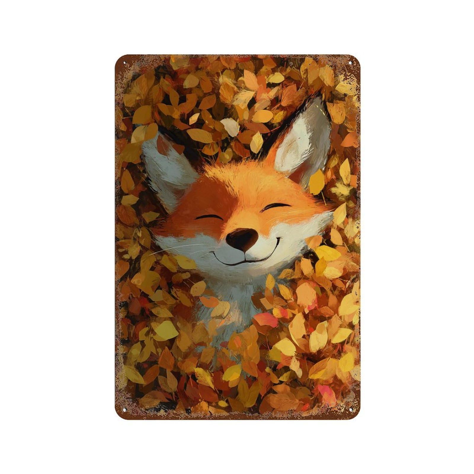 Autumn Fox Portrait 11.8"x7.9" Weathered Tin Sign, Shabby Chic Decor for Farmhouse, Kitchen And Entryway Decor